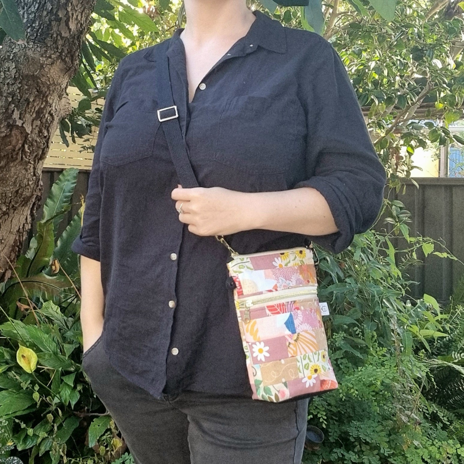 Repurposed Remnant Fabric Crossbody Bag "Sweet Gum"