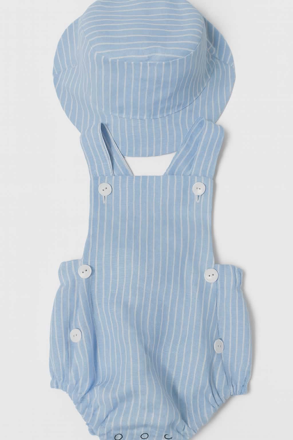 Baby Blue Linen Romper & Hat Set - Handmade