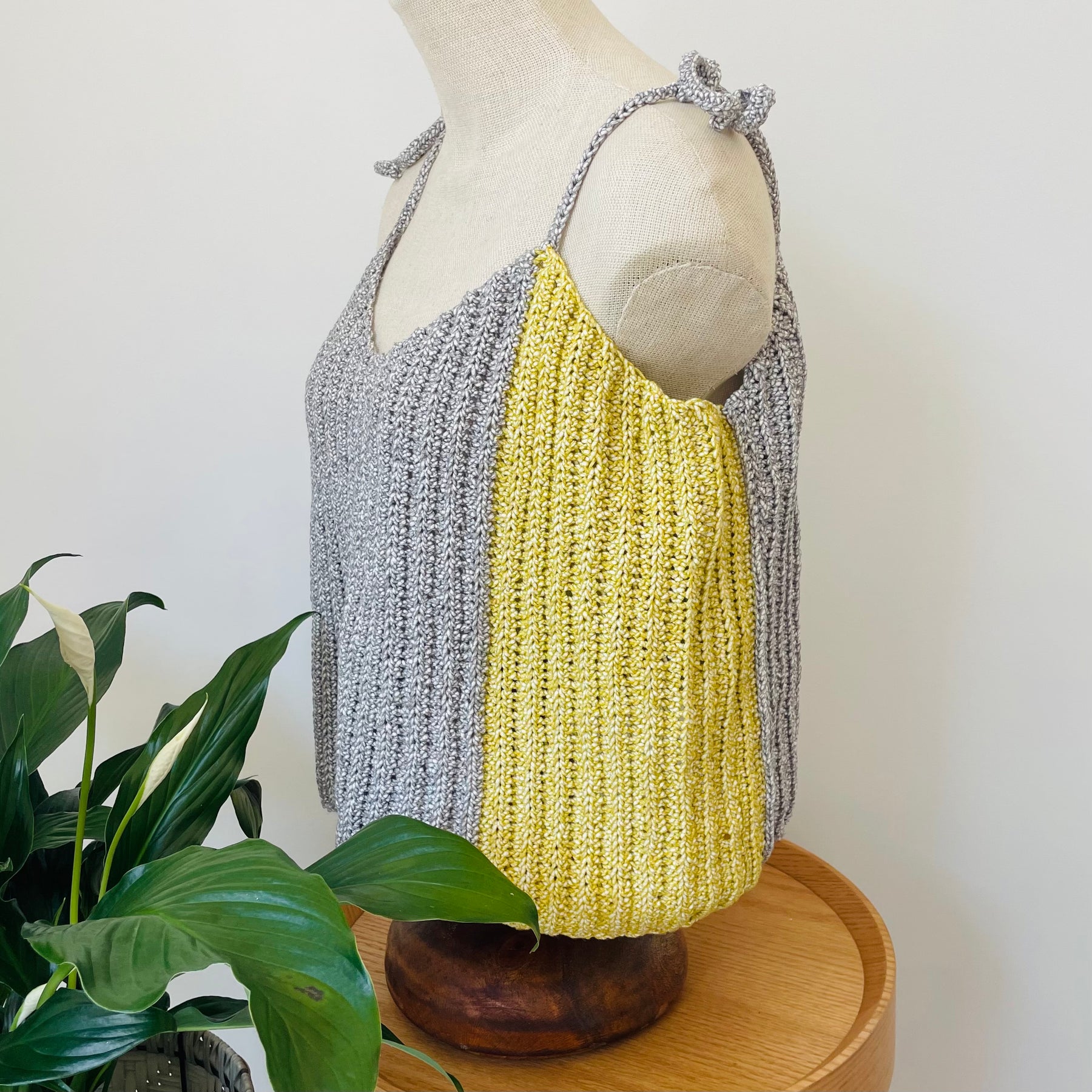 Two Tone Cotton Crochet Tank in Grey & Yellow
