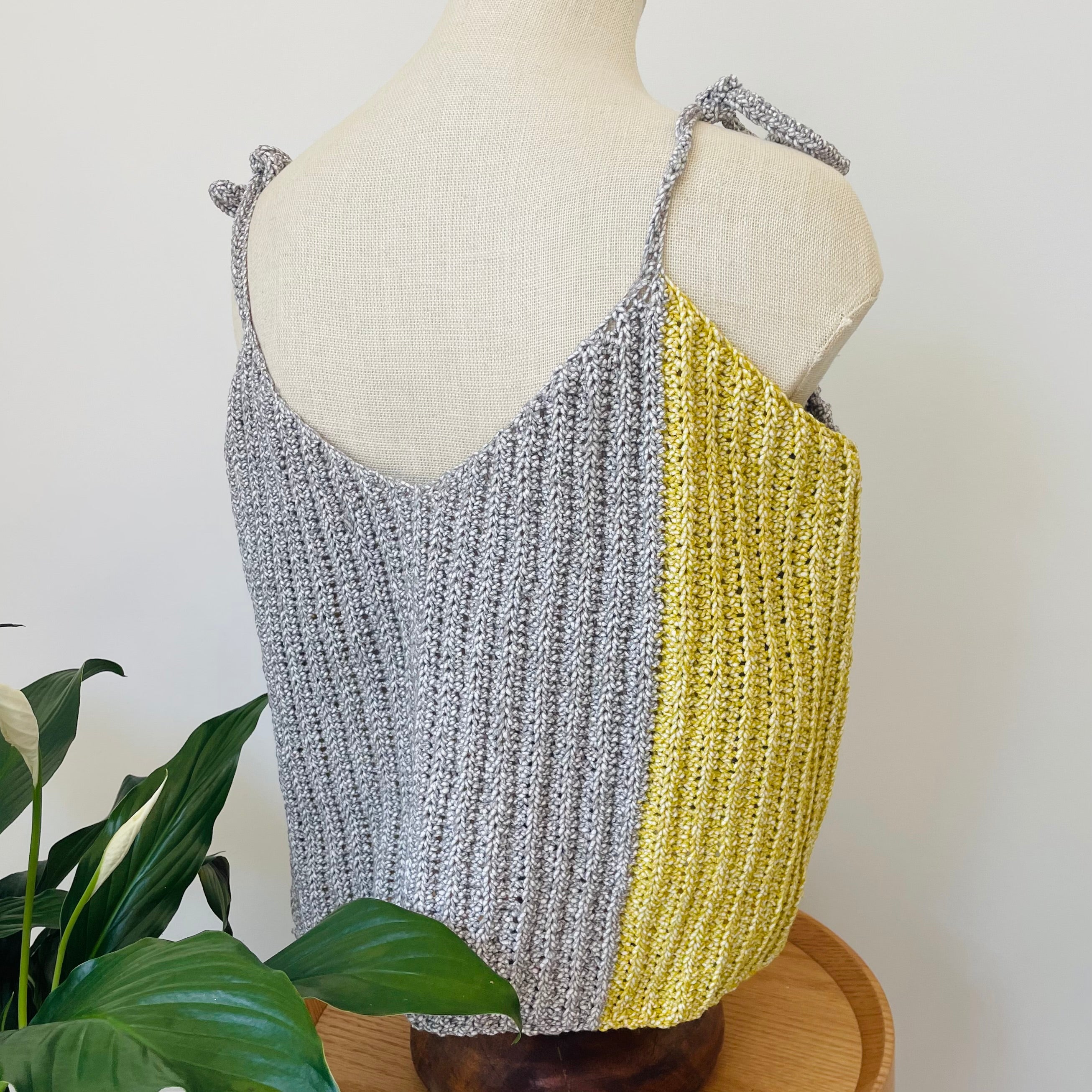 Two Tone Cotton Crochet Tank in Grey & Yellow