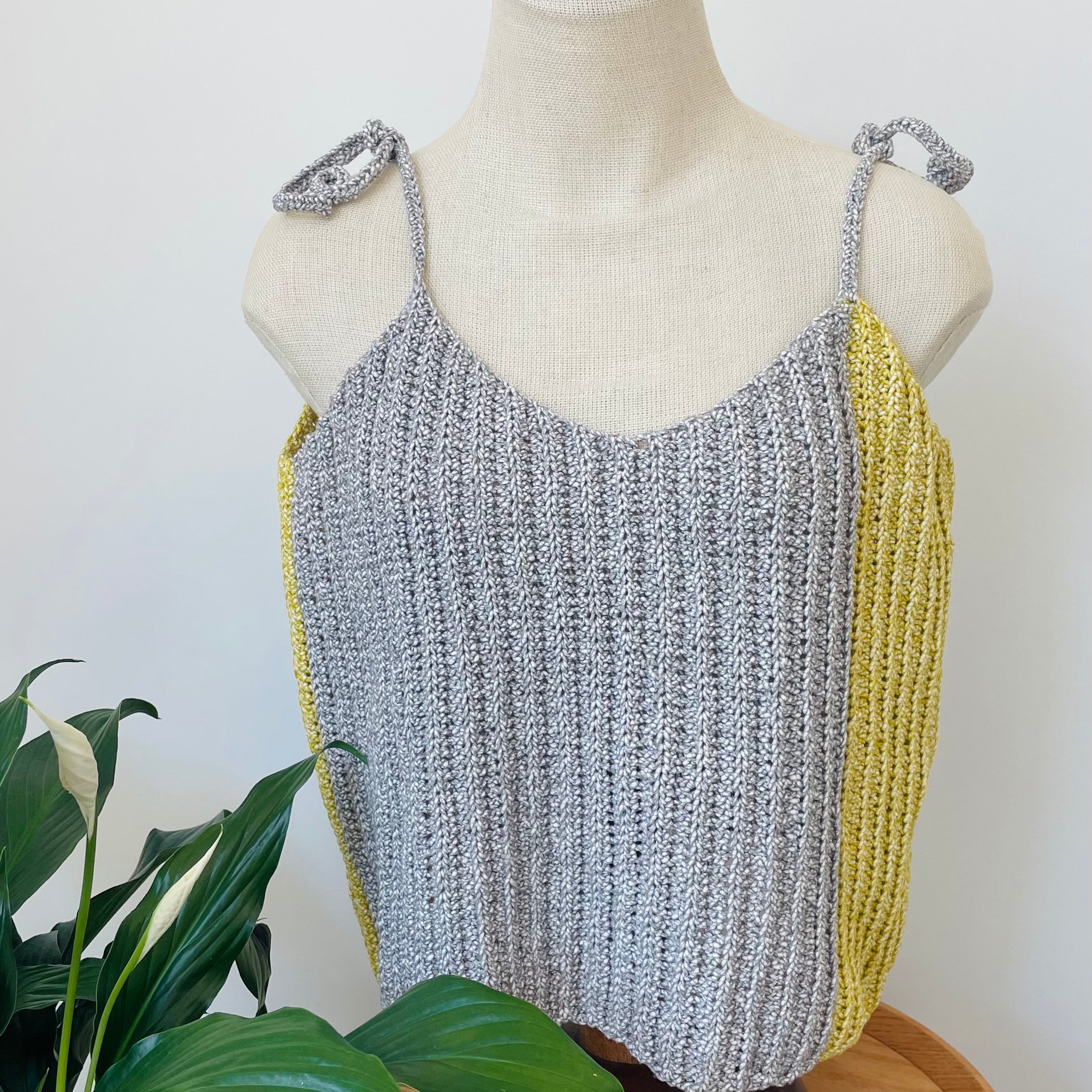 Two Tone Cotton Crochet Tank in Grey & Yellow