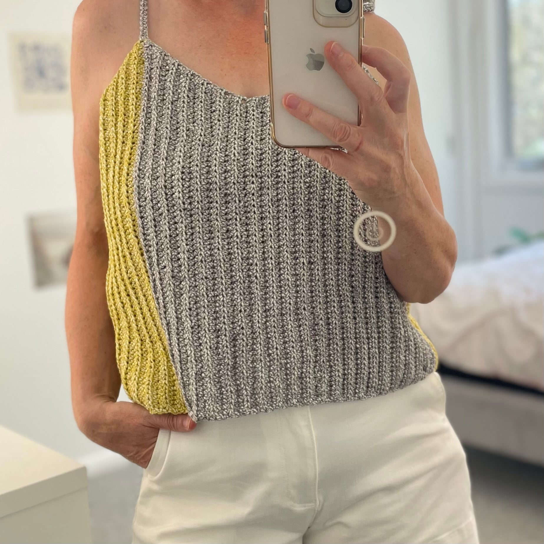 Two Tone Cotton Crochet Tank in Grey & Yellow