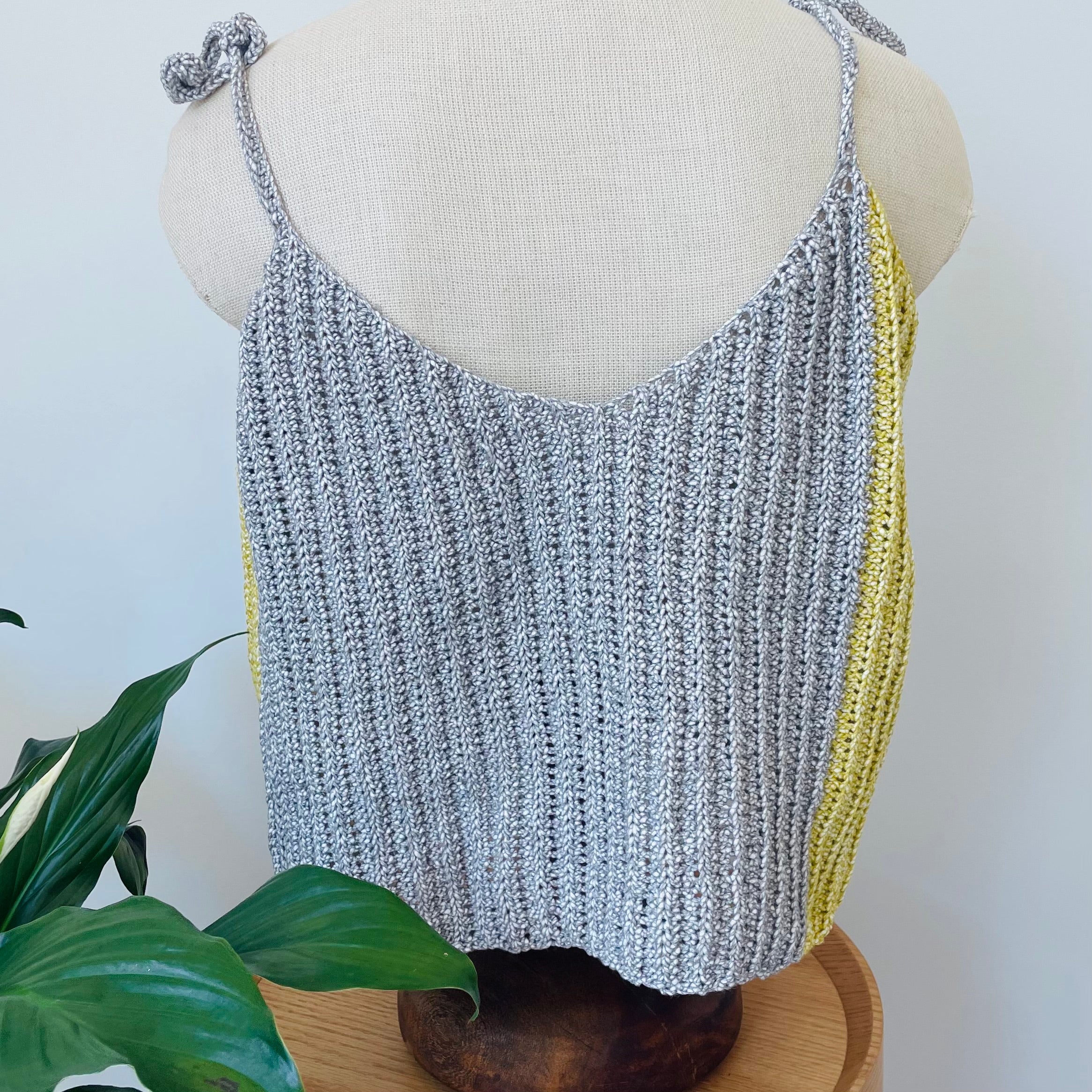 Two Tone Cotton Crochet Tank in Grey & Yellow