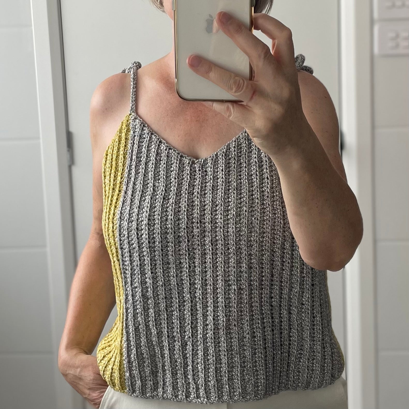 Two Tone Cotton Crochet Tank in Grey & Yellow