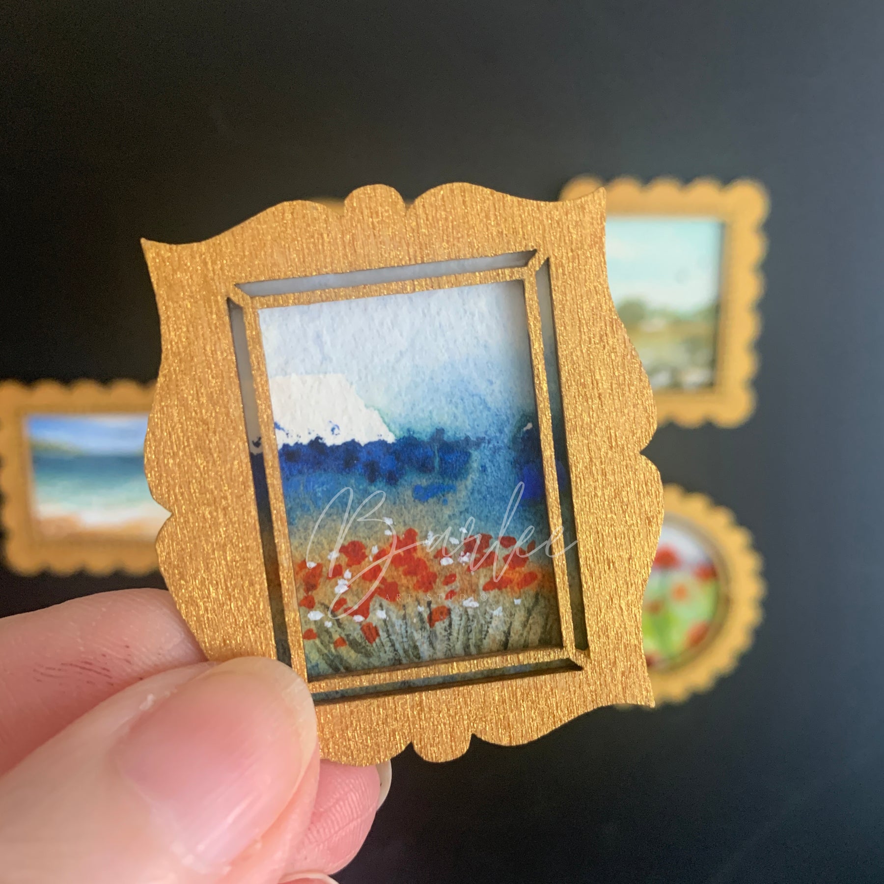 Hand Painted Fridge Magnet Set - 5 Framed Mini Paintings
