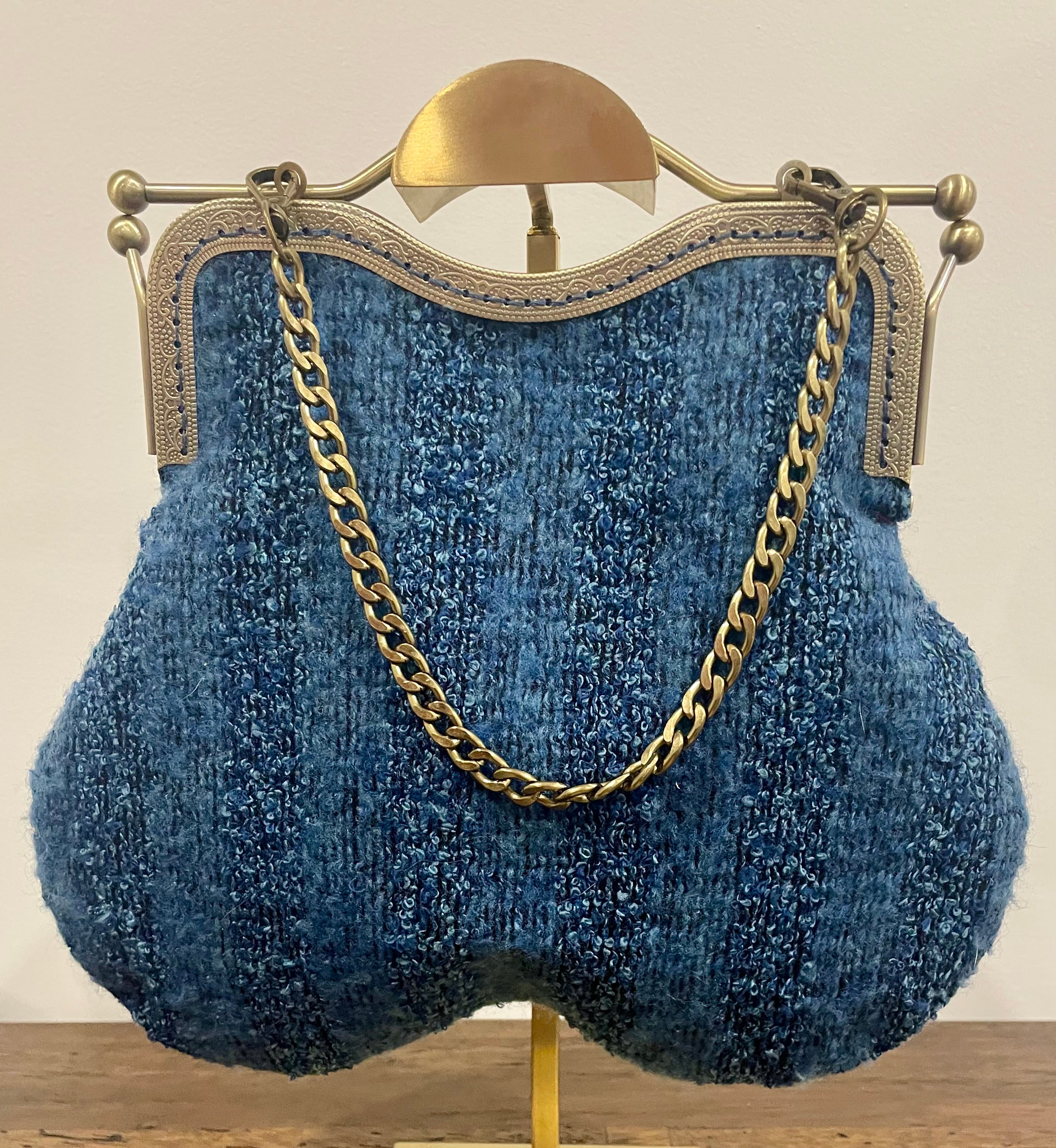 Navy Art Deco Handbag, Brass Clasp