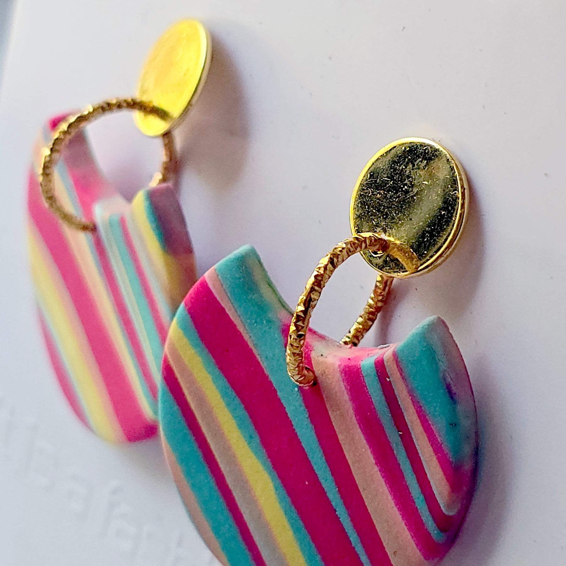 Multicolour Striped Polymer Clay Statement Drop Earrings | 9K Gold Plated