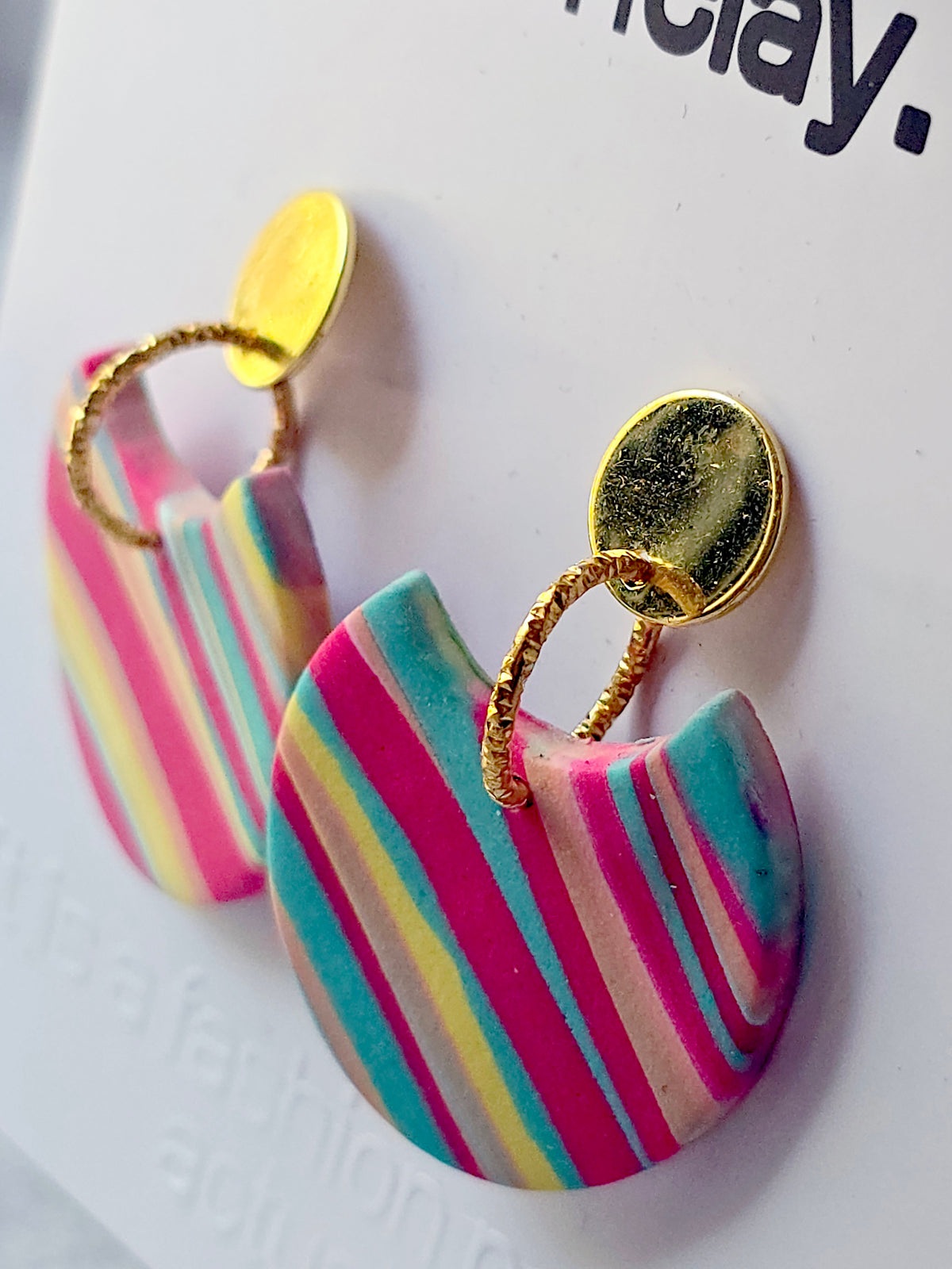 Multicolour Striped Polymer Clay Statement Drop Earrings | 9K Gold Plated