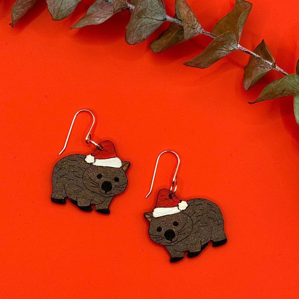 Australian Christmas Wombat Hand Painted Earrings