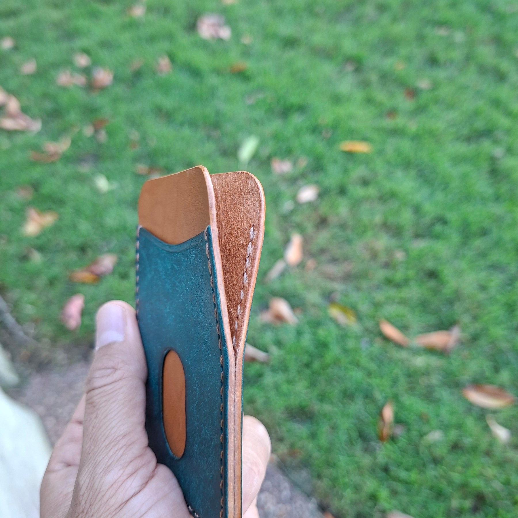 Three-Pocket Cardholder - Turquoise/Biscuit with Light BrownThread