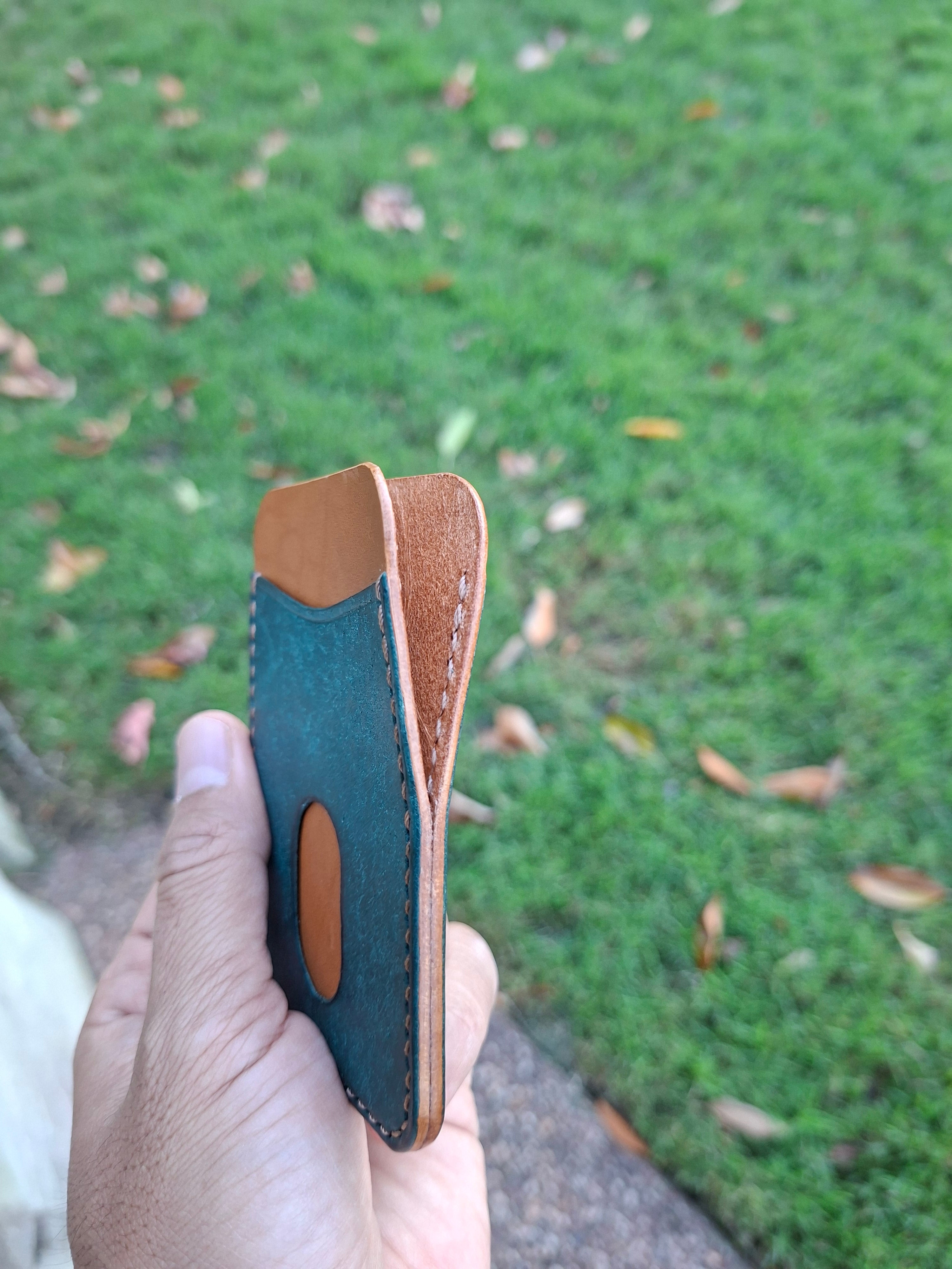Three-Pocket Cardholder - Turquoise/Biscuit with Light BrownThread