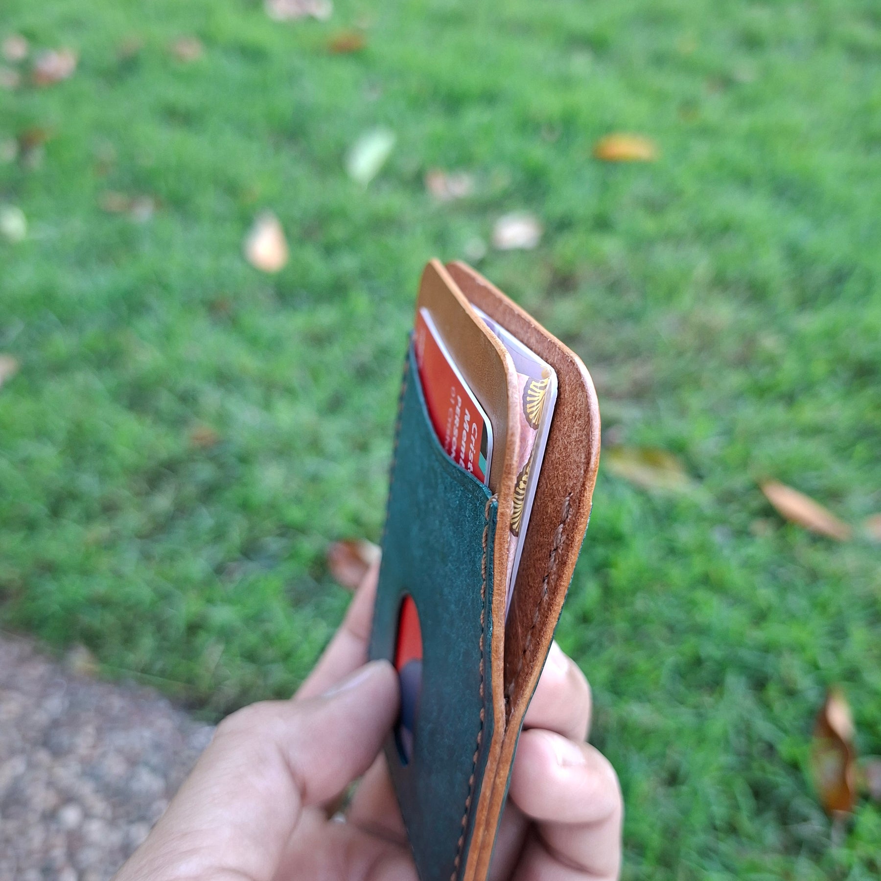Three-Pocket Cardholder - Turquoise/Biscuit with Light BrownThread