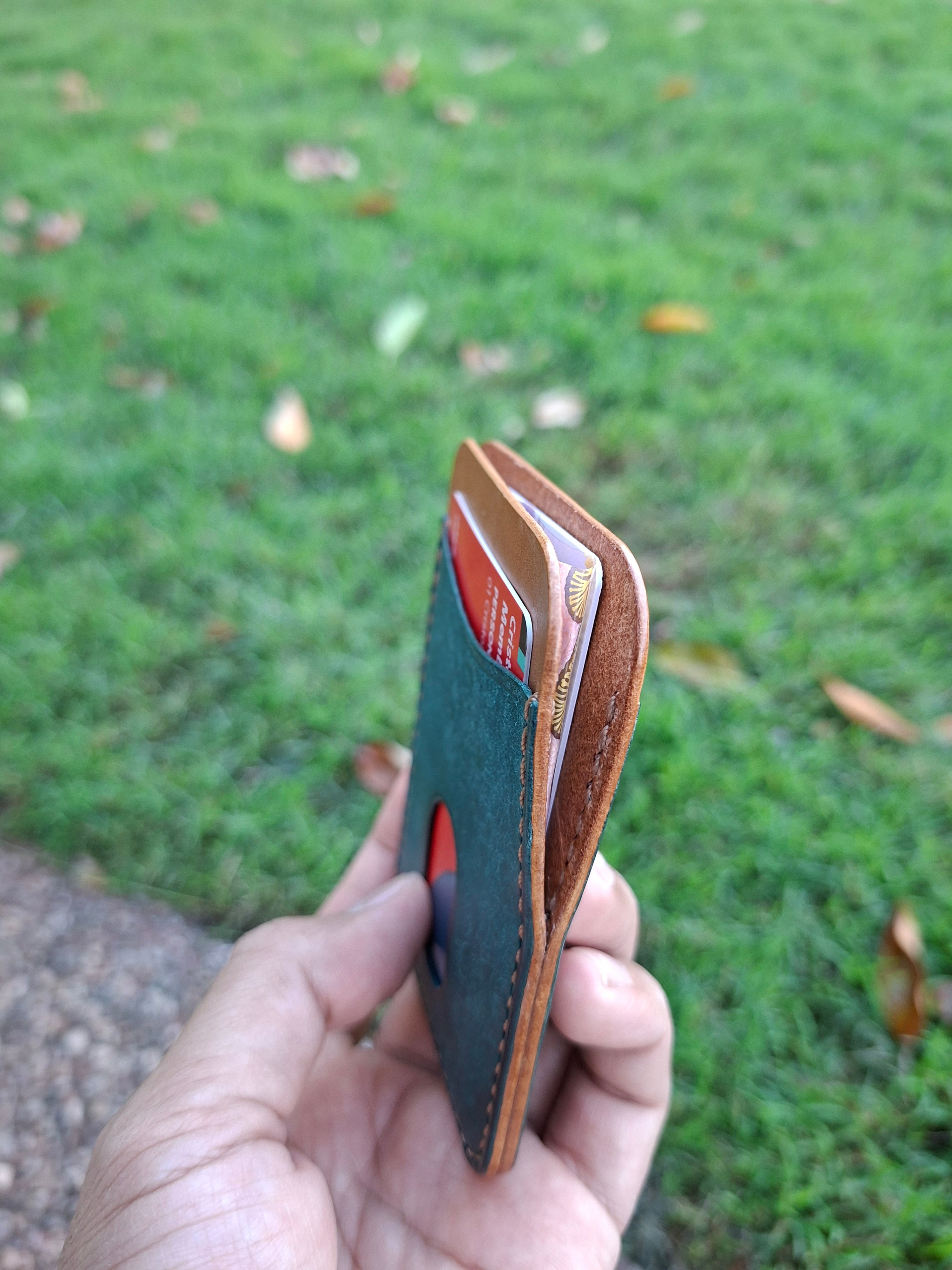 Three-Pocket Cardholder - Turquoise/Biscuit with Light BrownThread