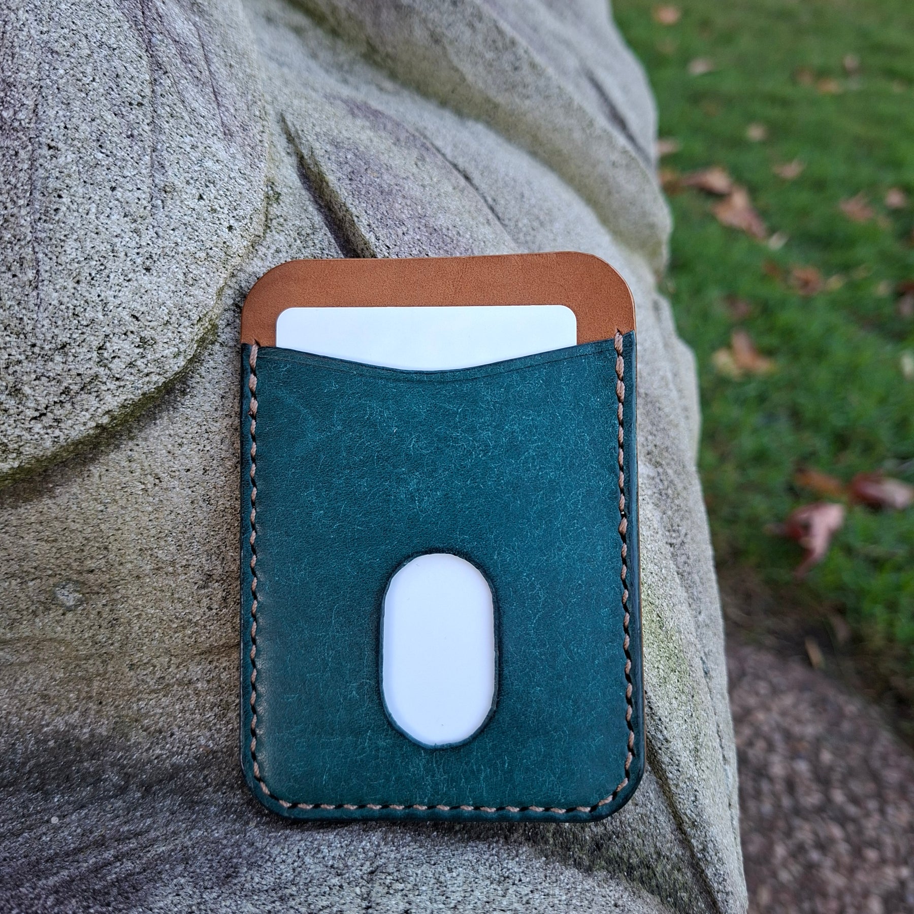Three-Pocket Cardholder - Turquoise/Biscuit with Light BrownThread