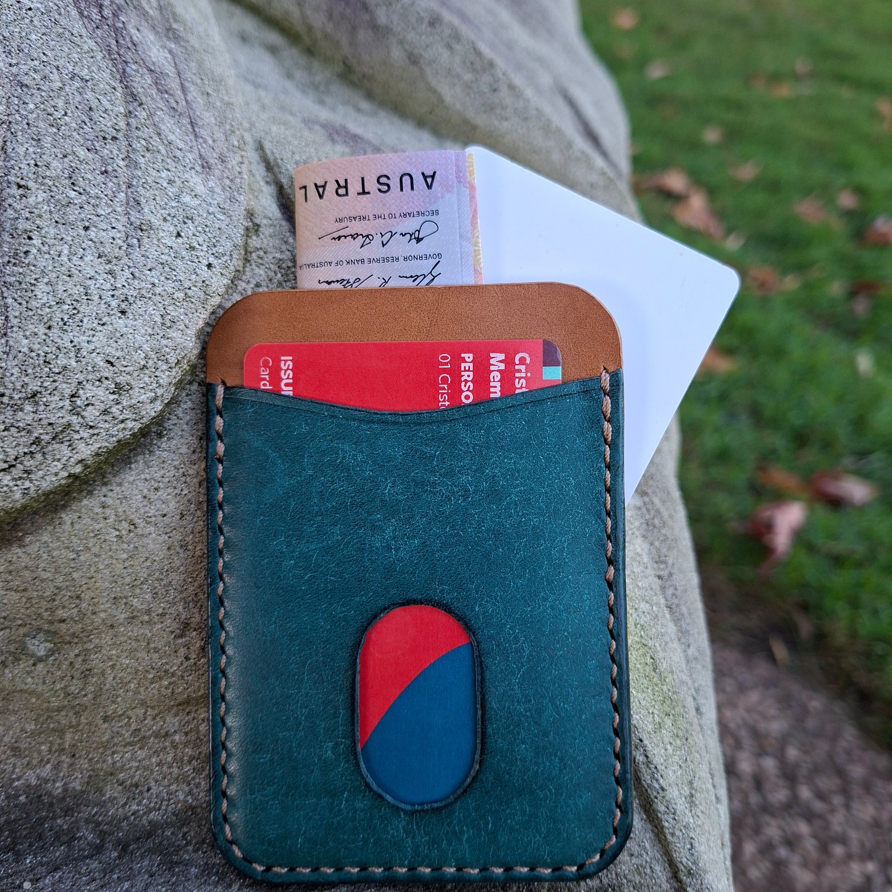 Three-Pocket Cardholder - Turquoise/Biscuit with Light BrownThread
