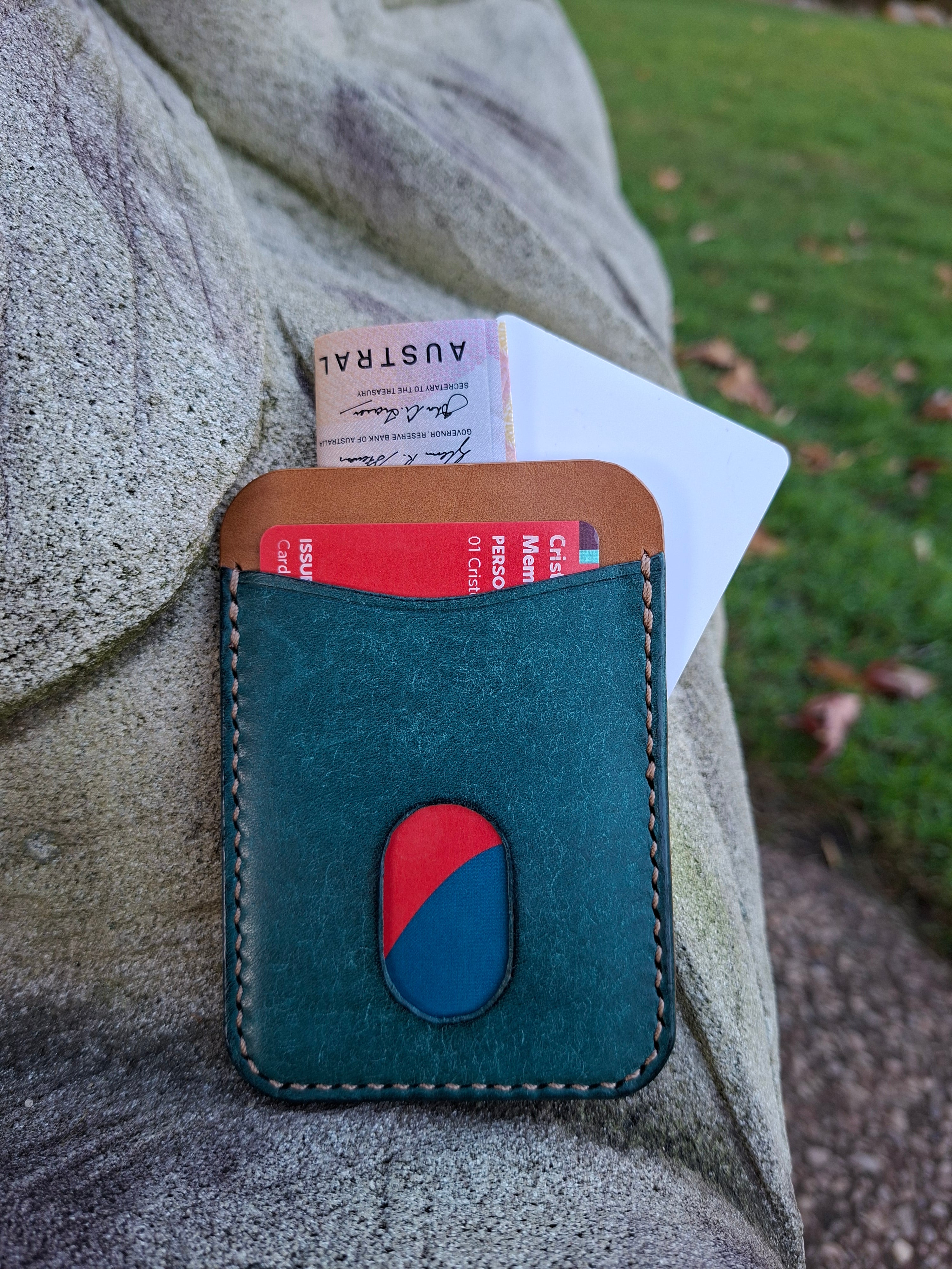 Three-Pocket Cardholder - Turquoise/Biscuit with Light BrownThread