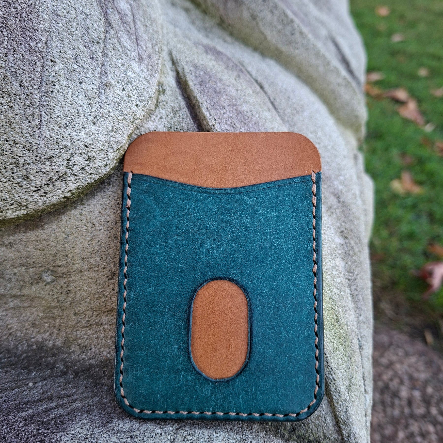 Three-Pocket Cardholder - Turquoise/Biscuit with Light BrownThread