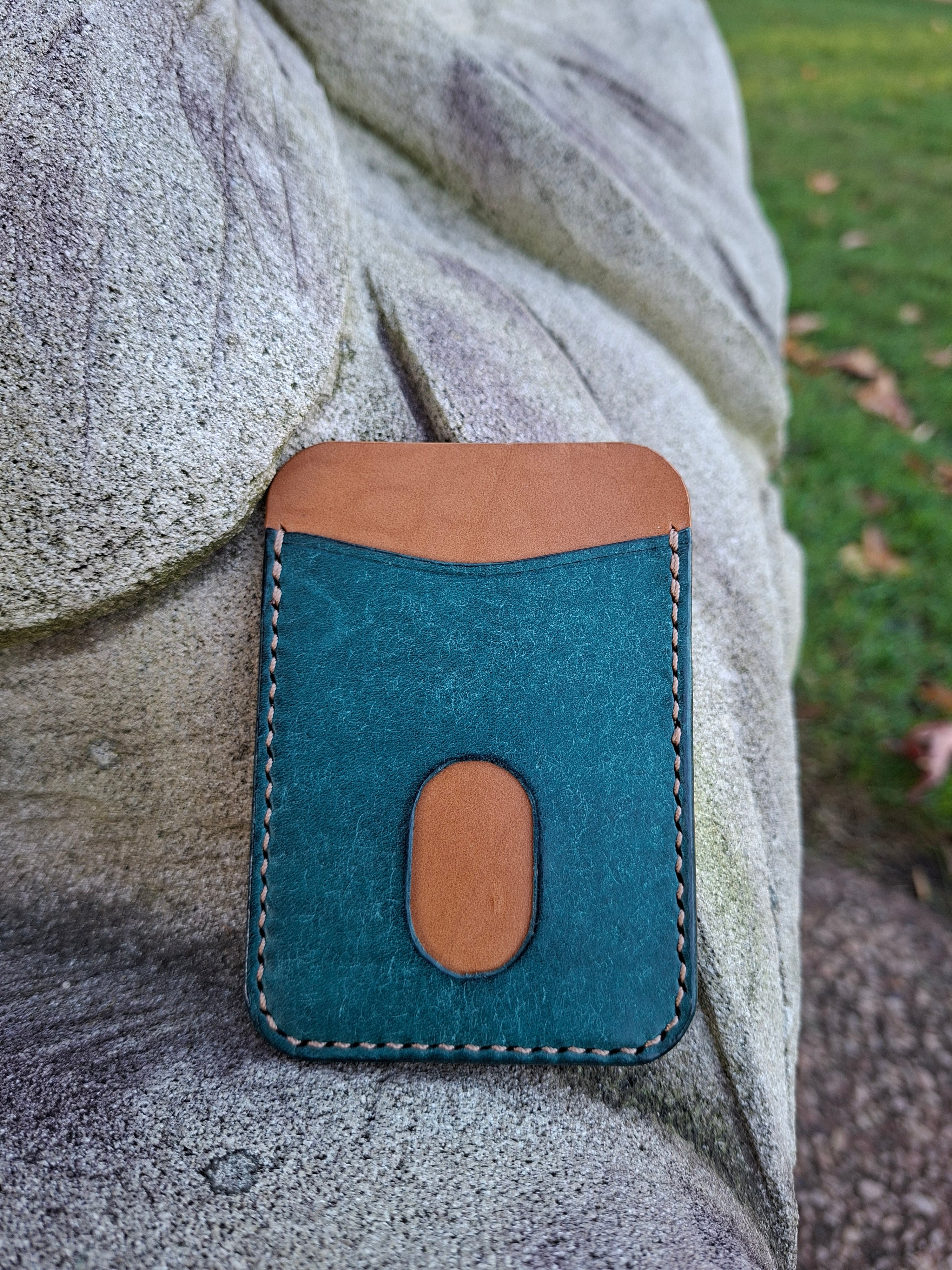 Three-Pocket Cardholder - Turquoise/Biscuit with Light BrownThread