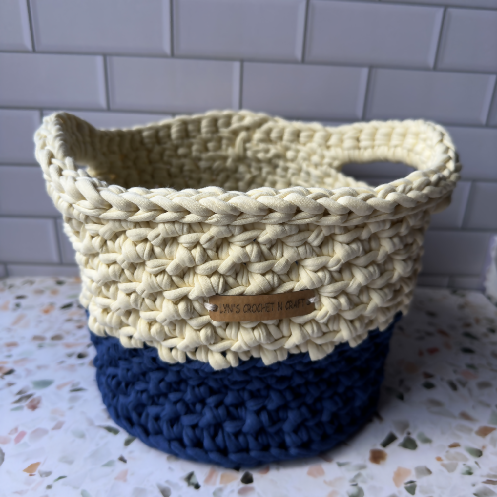 Handmade | Home Decor | Crochet Basket with handles | Recycled T-Shirt yarn | Blue & Cream