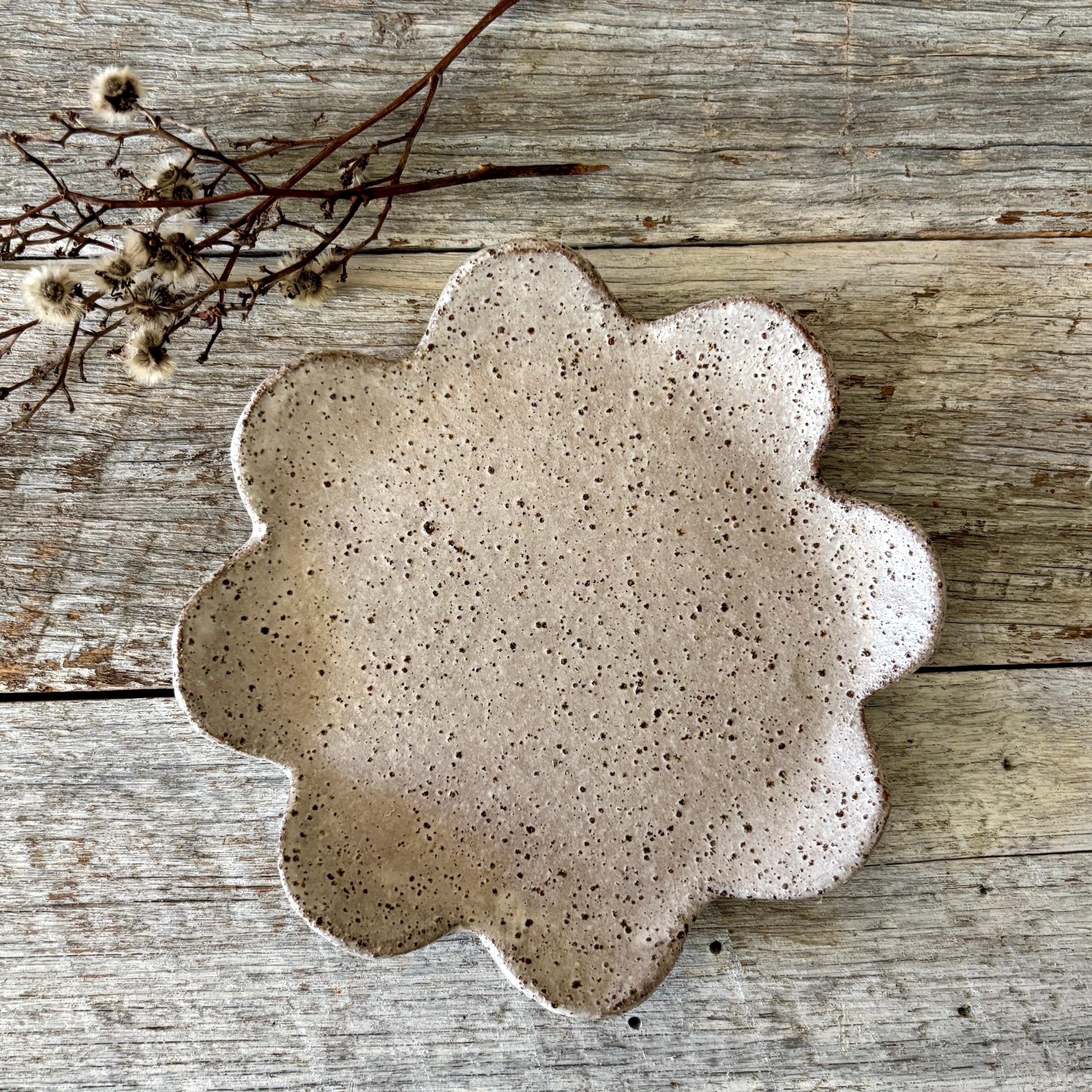 Flower shaped small ceramic plate - rustic and white