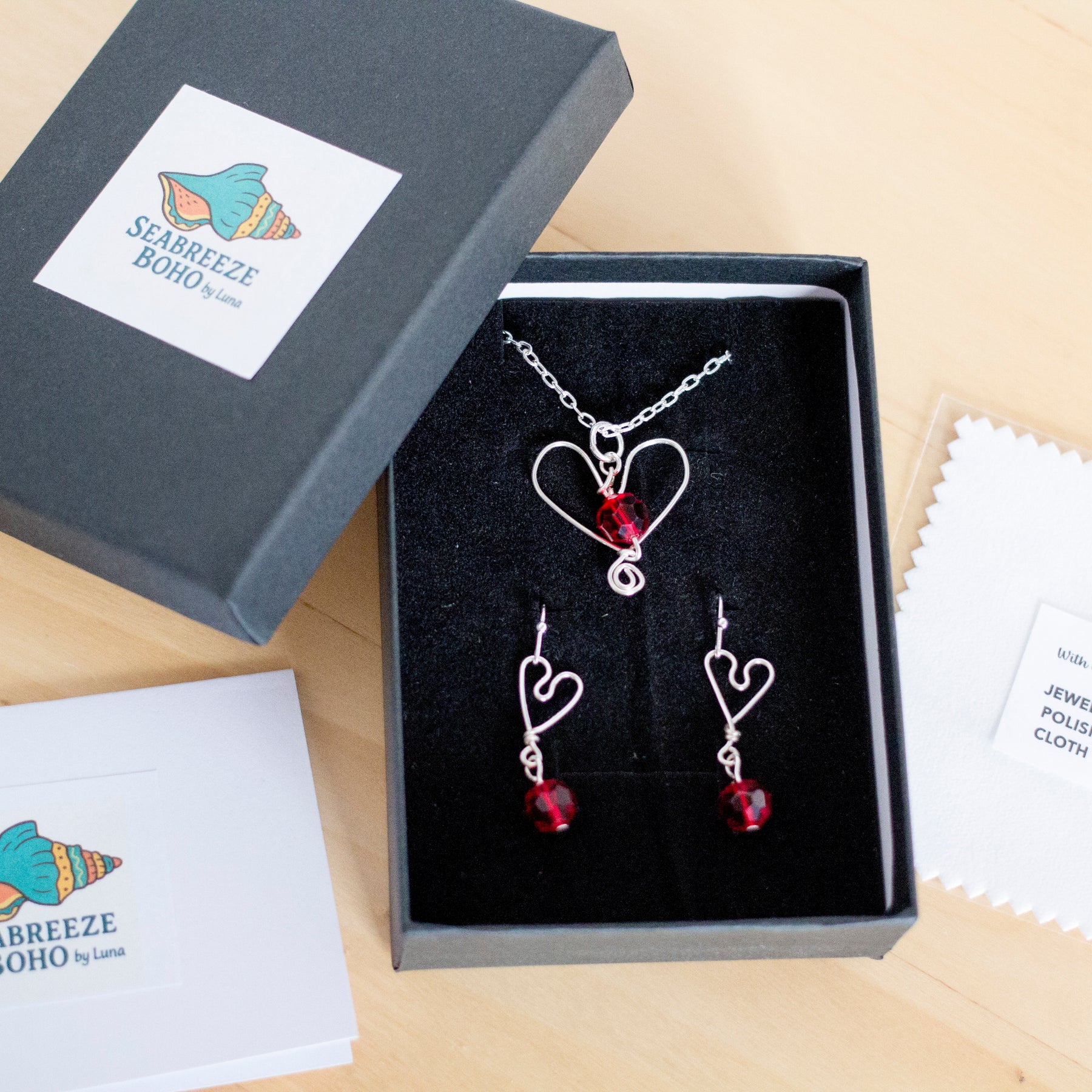 Silver Heart and Red Crystal Pendant Necklace and Earrings Set