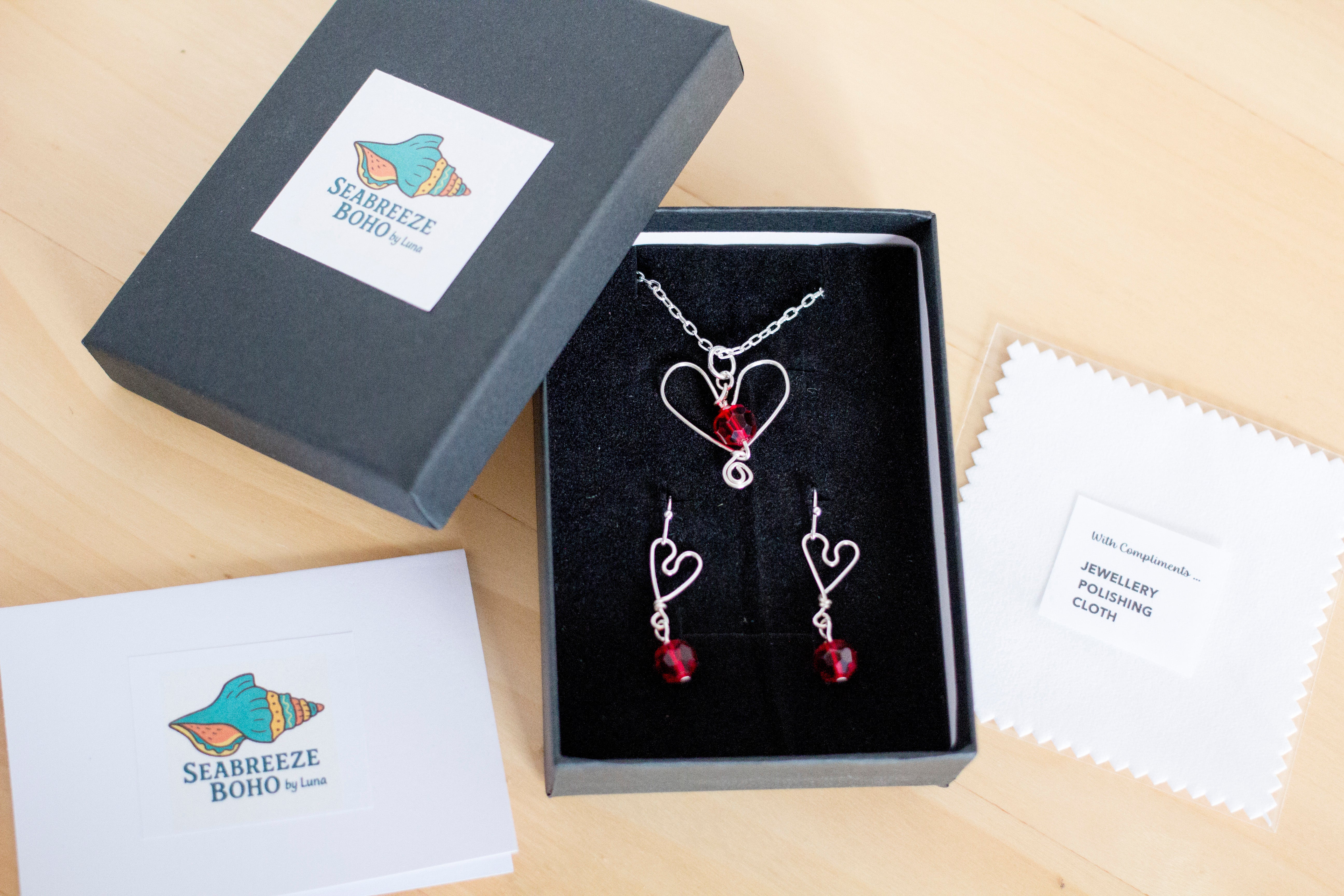 Silver Heart and Red Crystal Pendant Necklace and Earrings Set