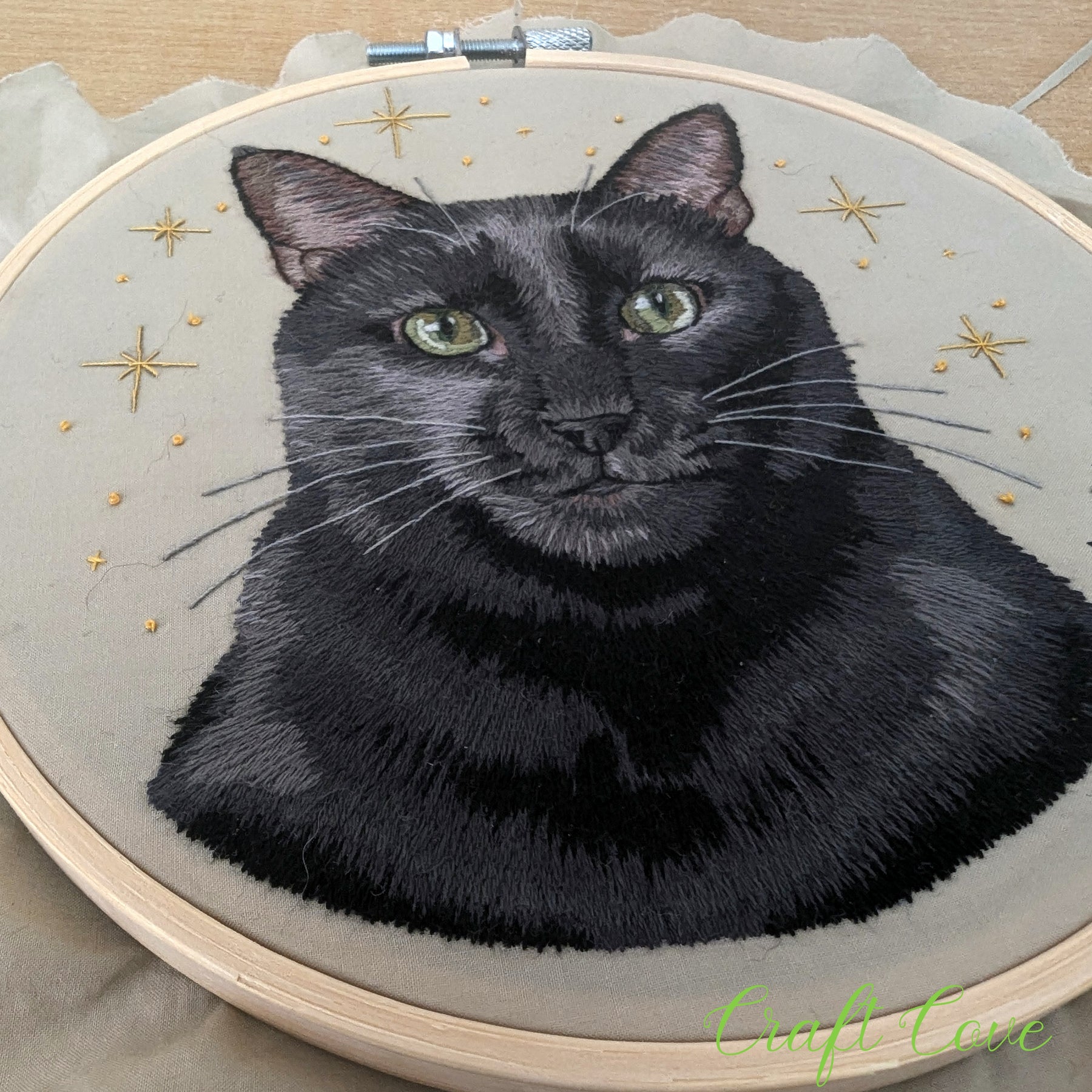 Black Cat Thread Painting – Hand Embroidered Pet Portrait in Hoop
