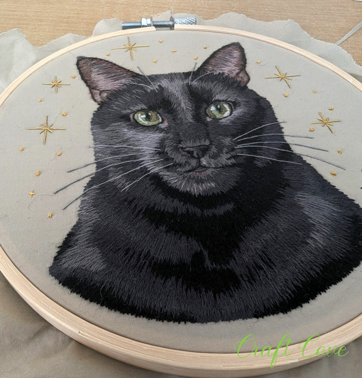 Black Cat Thread Painting – Hand Embroidered Pet Portrait in Hoop