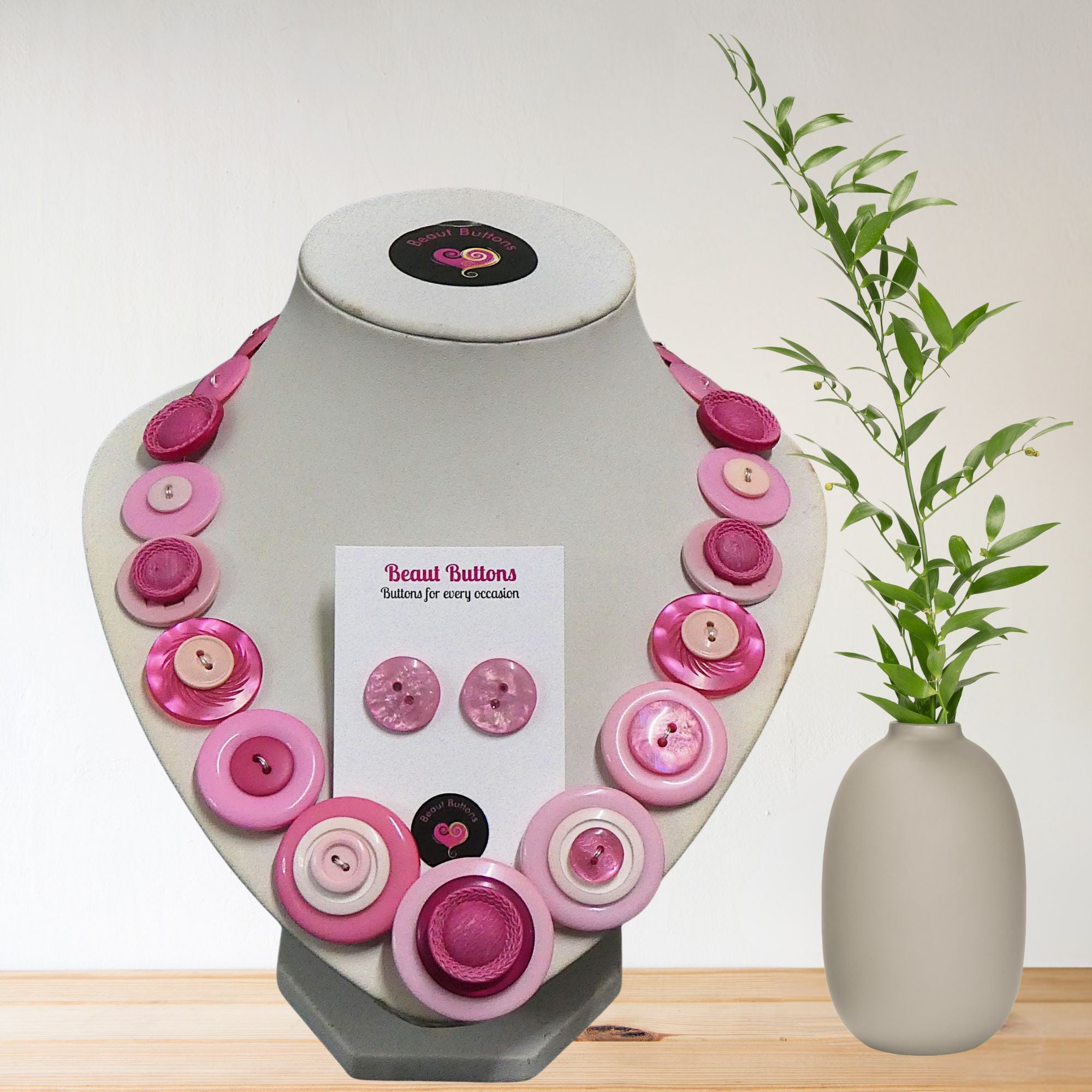 Pink Button necklace and earrings - Pretty in Pink