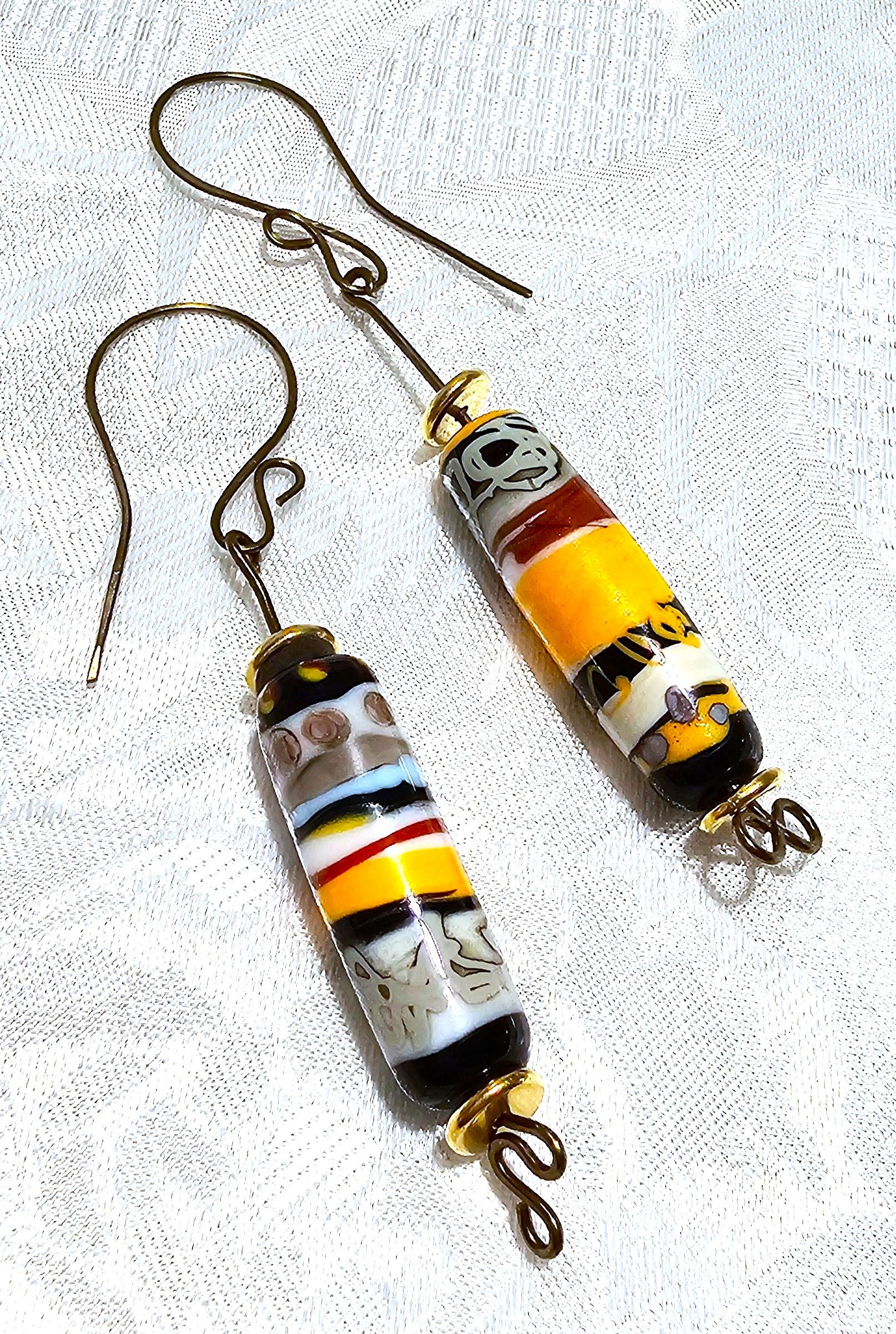 Assymetrical Ceramic Cylinder Orange and Multicoloured Earrings