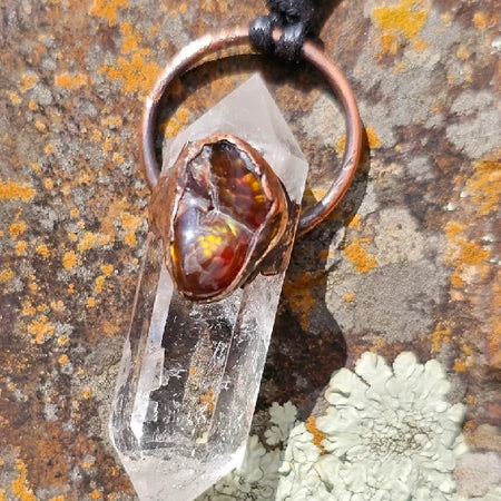 Mexican Fire Agate + Quartz Crystal Electroformed Copper Pendant