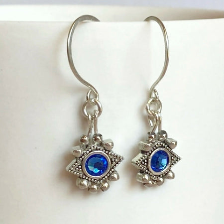 Sapphire blue crystal and silver vintage style dangle earrings