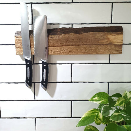 Wall mounted Magnetic Knife Holder, 40cm, Holds 7 knives,Made in Rockingham Western Australia,, Gorgeous Marri Timber, Beautiful Wedding Present or Anniversary Gift, Natural Edge