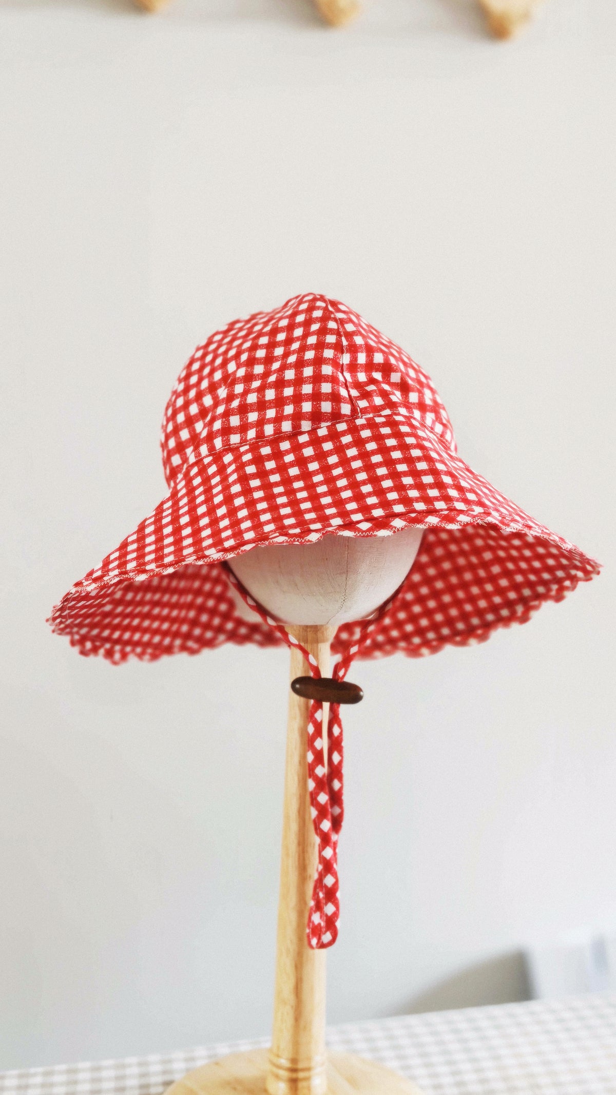 Kids Wide Brim Cotton Summer Sun Hat, Red Gingham Kids Hat