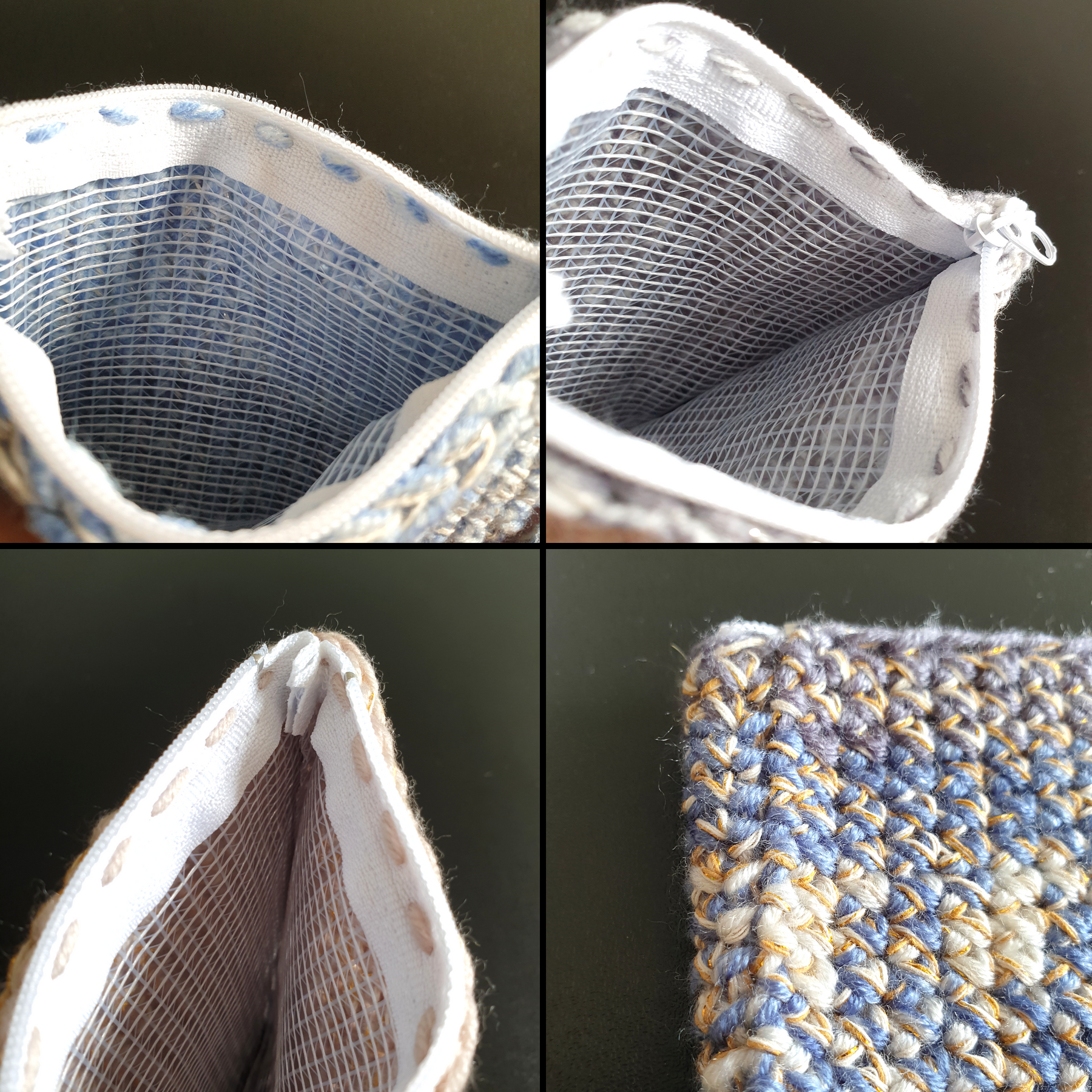 Handmade Zippered Crochet Travel Purse : Blue Gray Brown & Gold Silver mix
