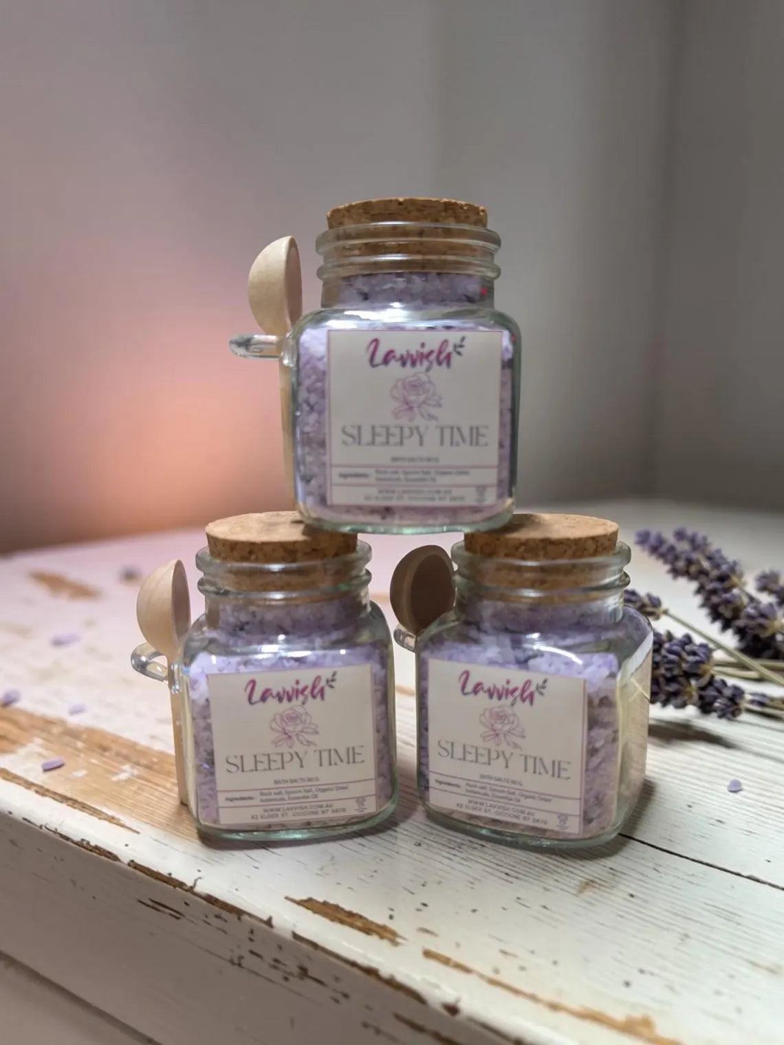 Lavvish Aromatherapy Bath Salts • All-Natural Rose Petal & Lavender Bath Soak • Sleepy Time Epsom Salt Spa • Luxury Self Care Gift with Wood