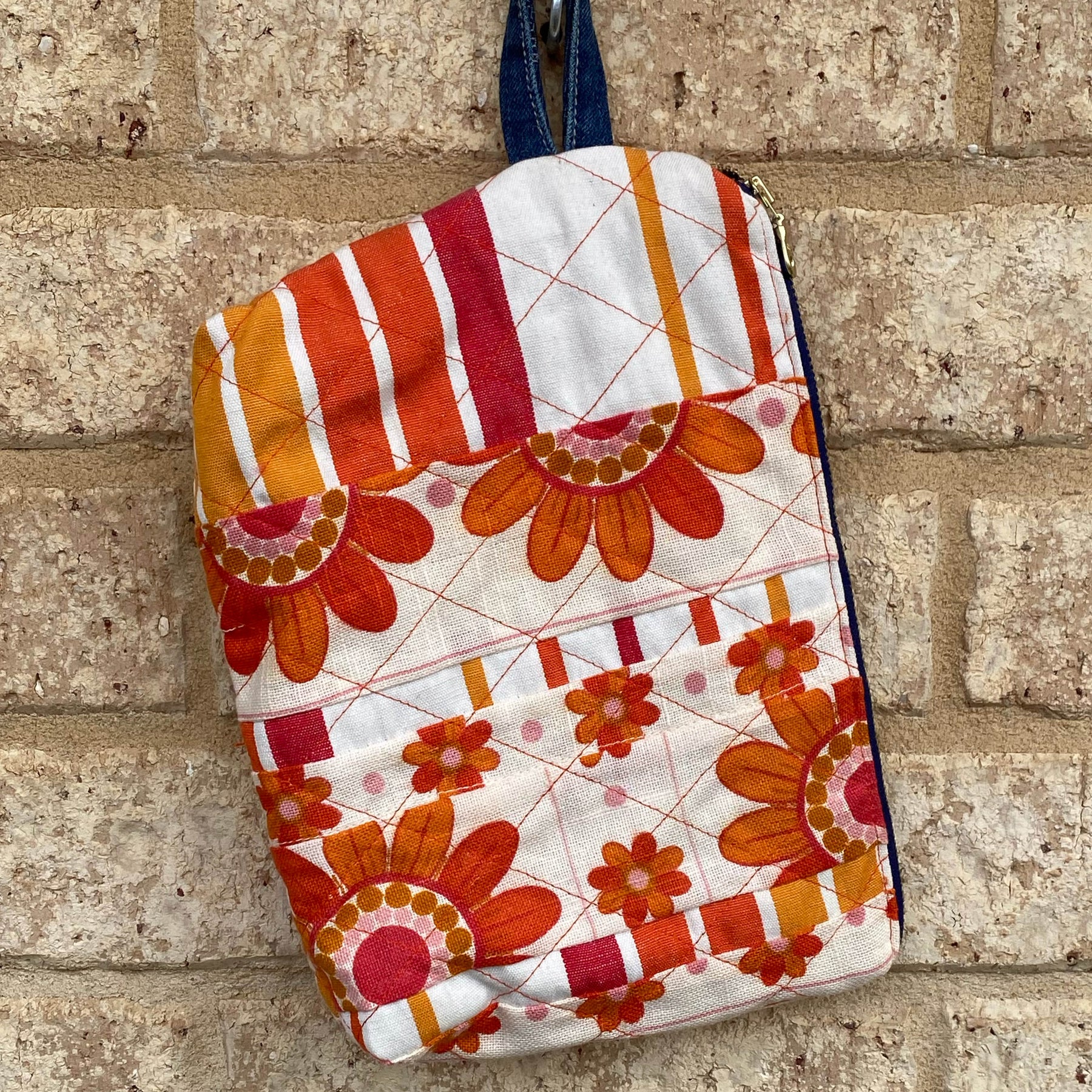 Quilted Tangerine Pouch Cosmetic Everyday Bag Upcycled Vintage Fabrics & Denim