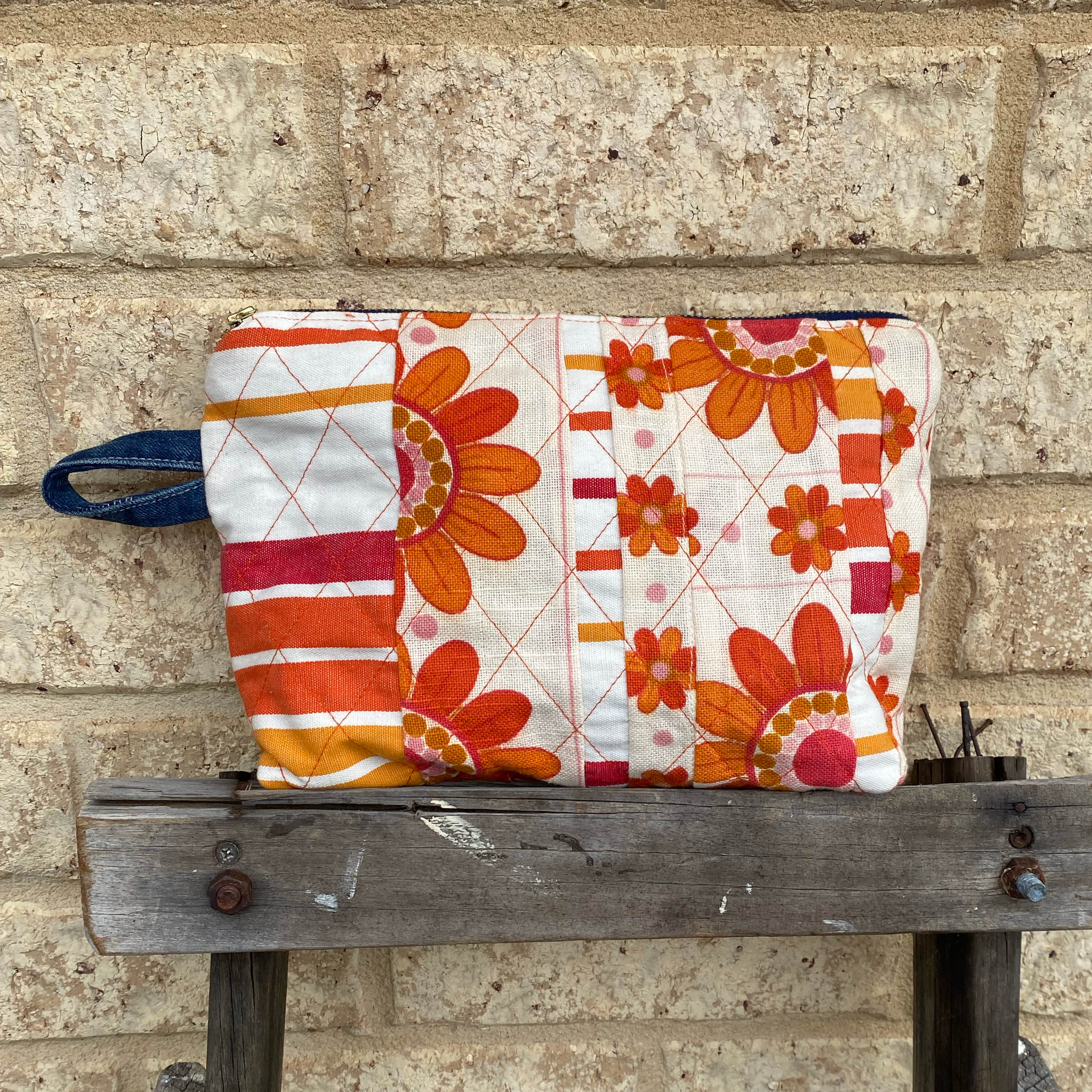 Quilted Tangerine Pouch Cosmetic Everyday Bag Upcycled Vintage Fabrics & Denim