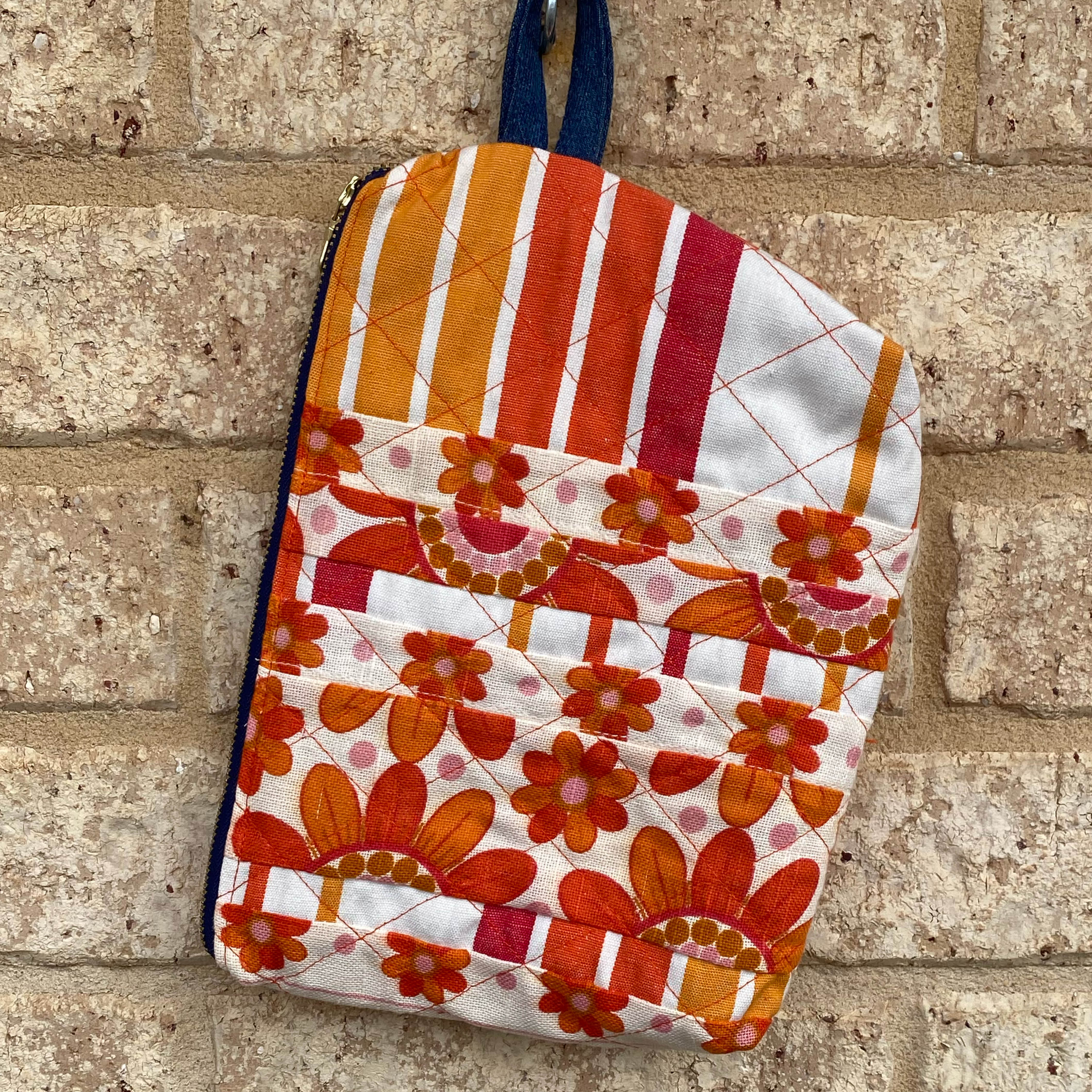 Quilted Tangerine Pouch Cosmetic Everyday Bag Upcycled Vintage Fabrics & Denim