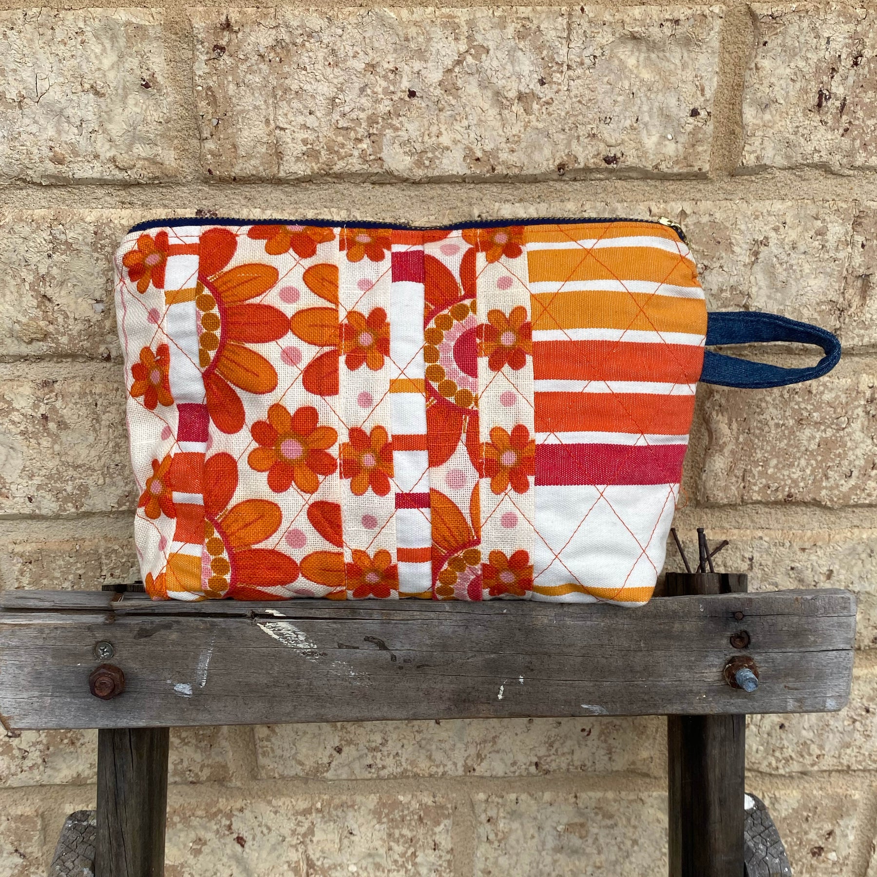 Quilted Tangerine Pouch Cosmetic Everyday Bag Upcycled Vintage Fabrics & Denim