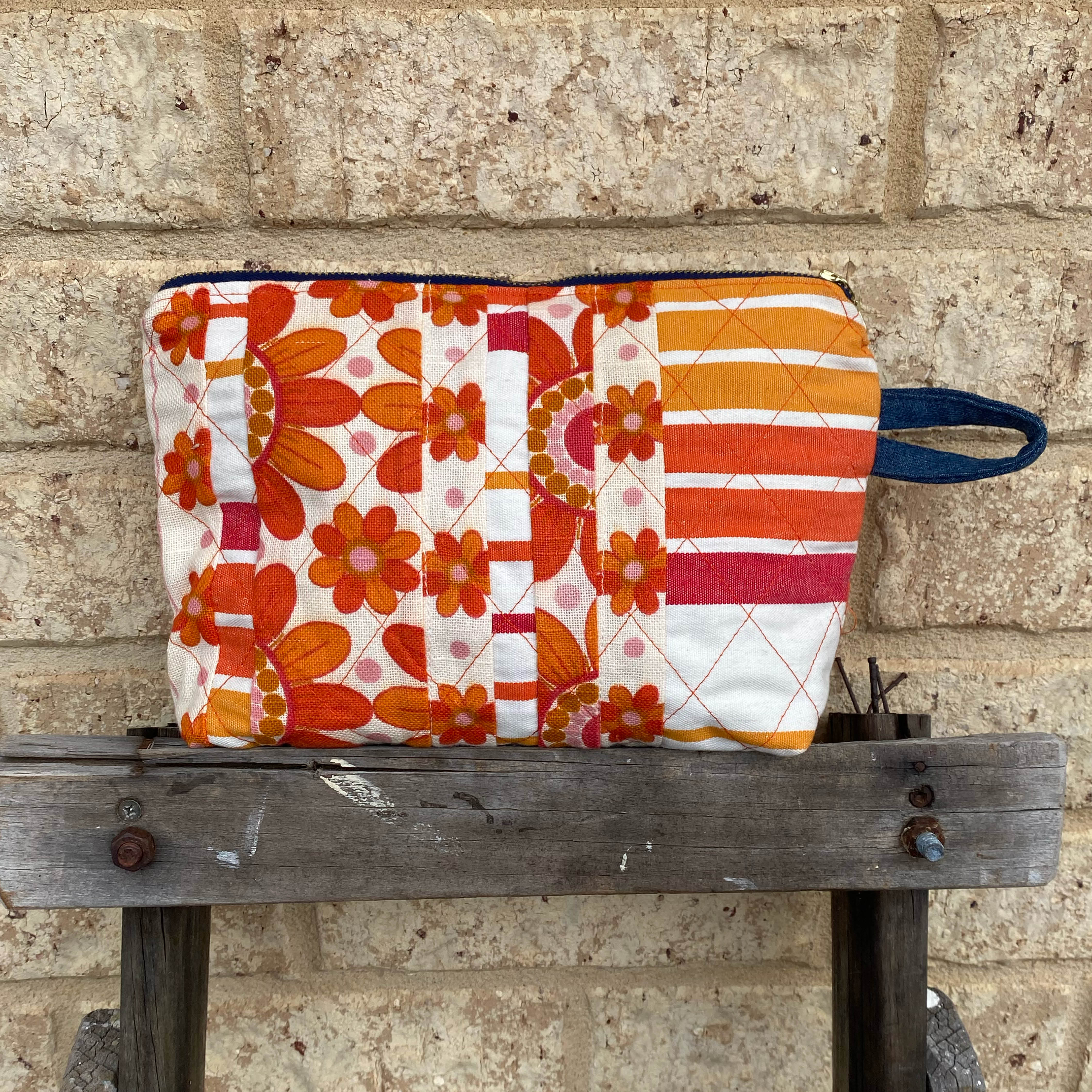 Quilted Tangerine Pouch Cosmetic Everyday Bag Upcycled Vintage Fabrics & Denim