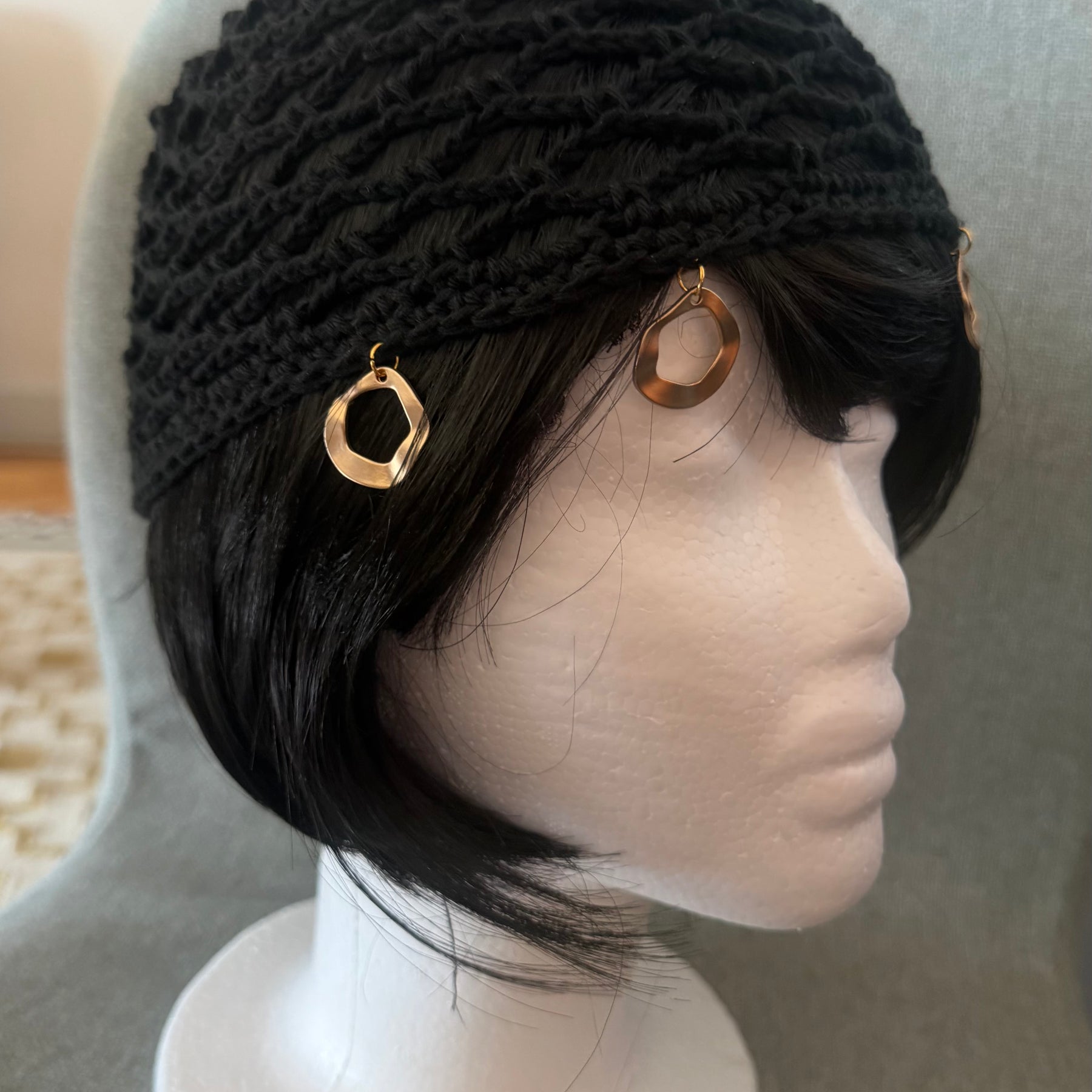 Handmade Black Crochet Hat with Gold Charms