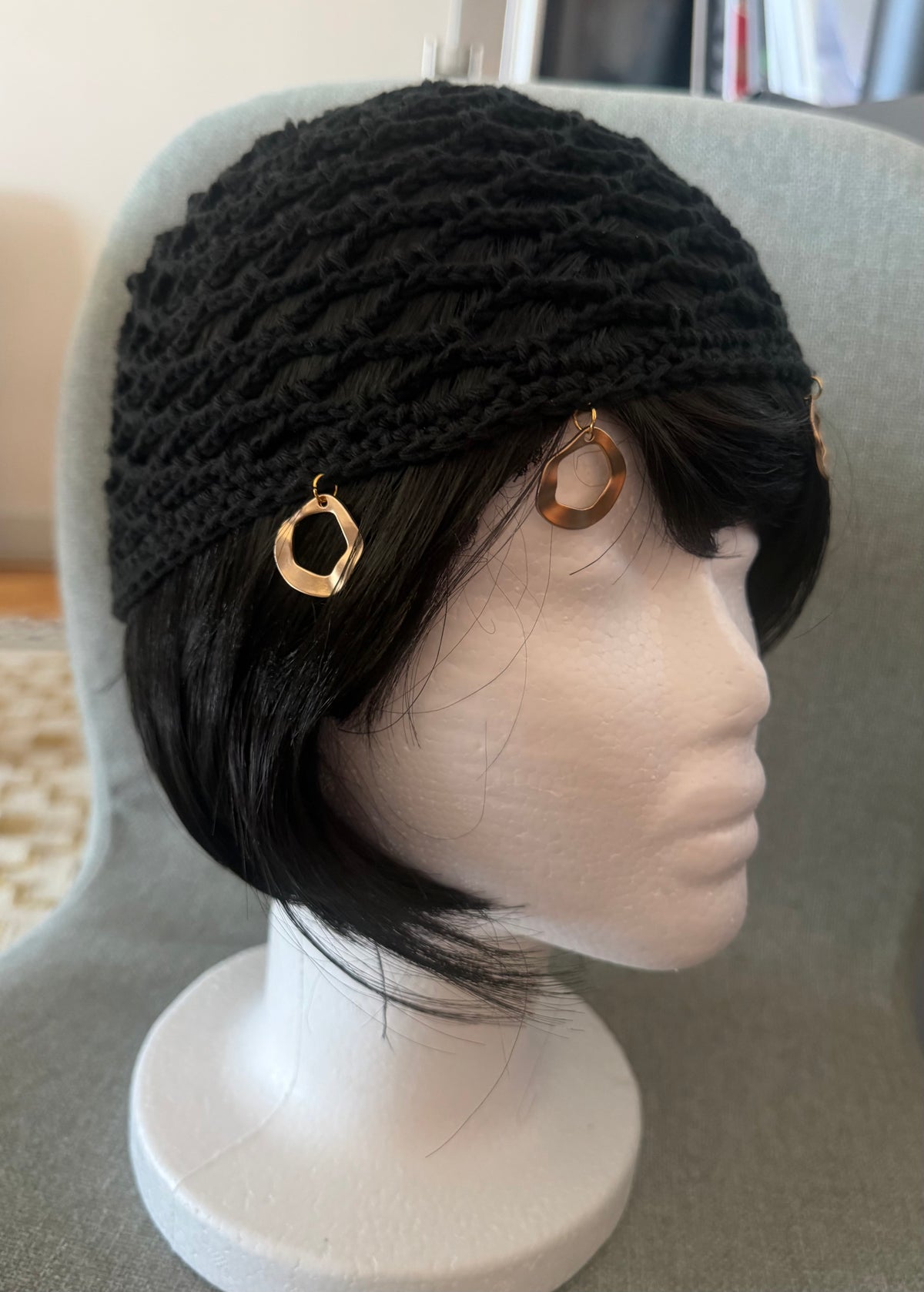 Handmade Black Crochet Hat with Gold Charms