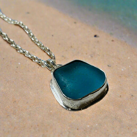 Blue Horizon: Sterling Silver-Wrapped Sea Glass Necklace on Belcher Chain