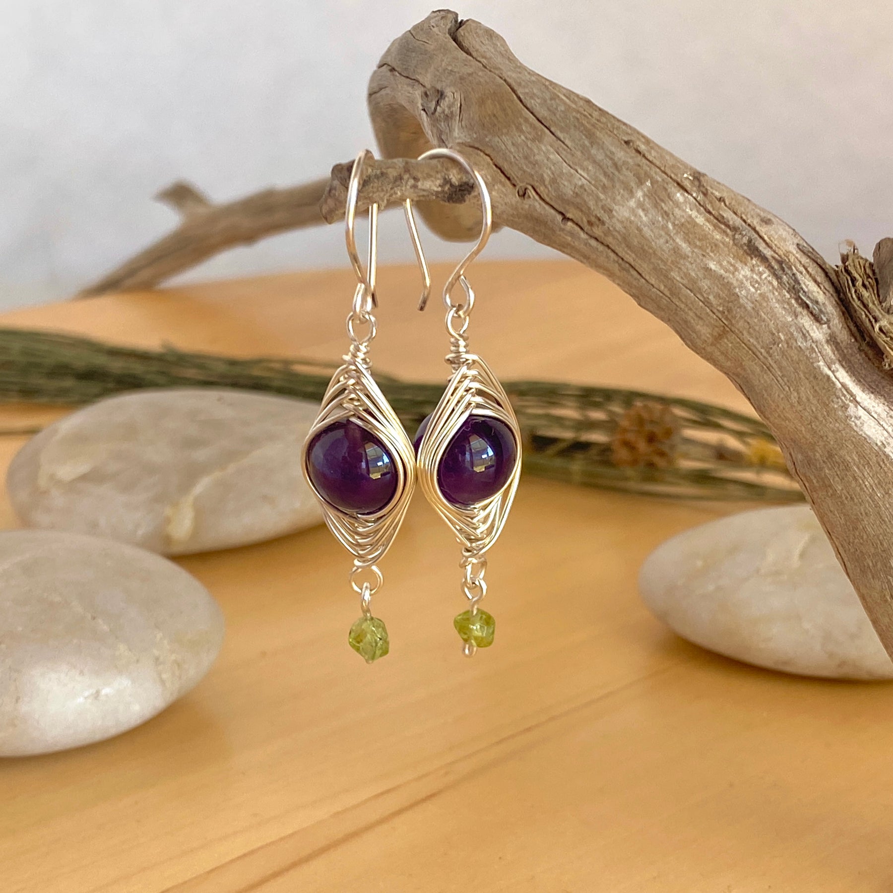 Amethyst and Peridot Silver Boho Earrings | Gemstone Wire Wrap Jewellery