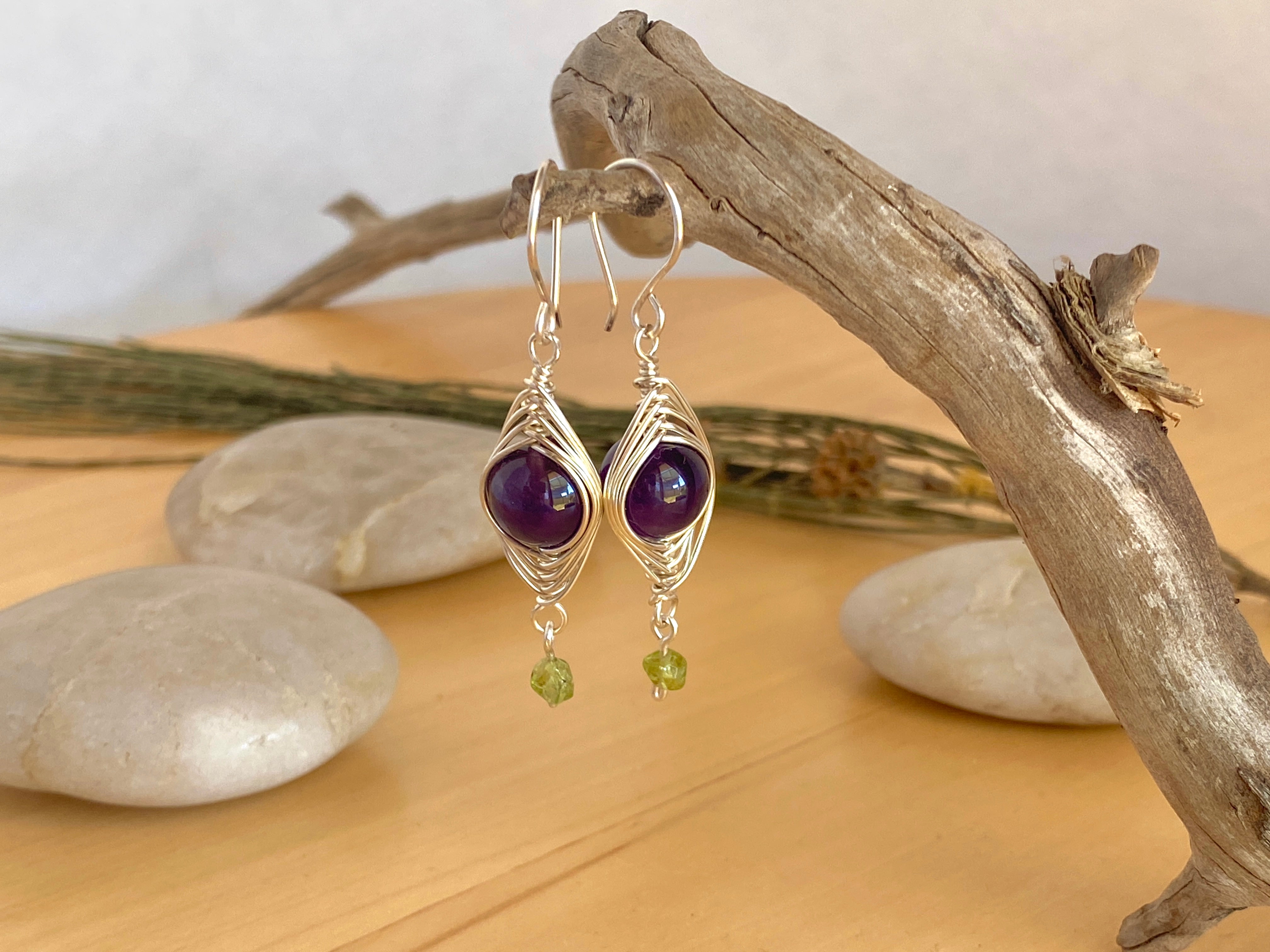 Amethyst and Peridot Silver Boho Earrings | Gemstone Wire Wrap Jewellery