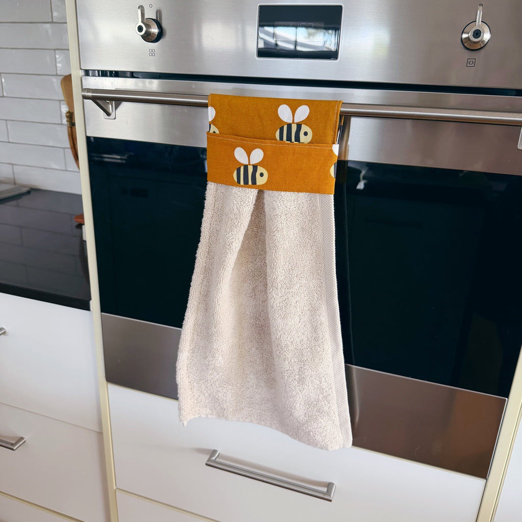 Bees no button, hanging kitchen hand towel.