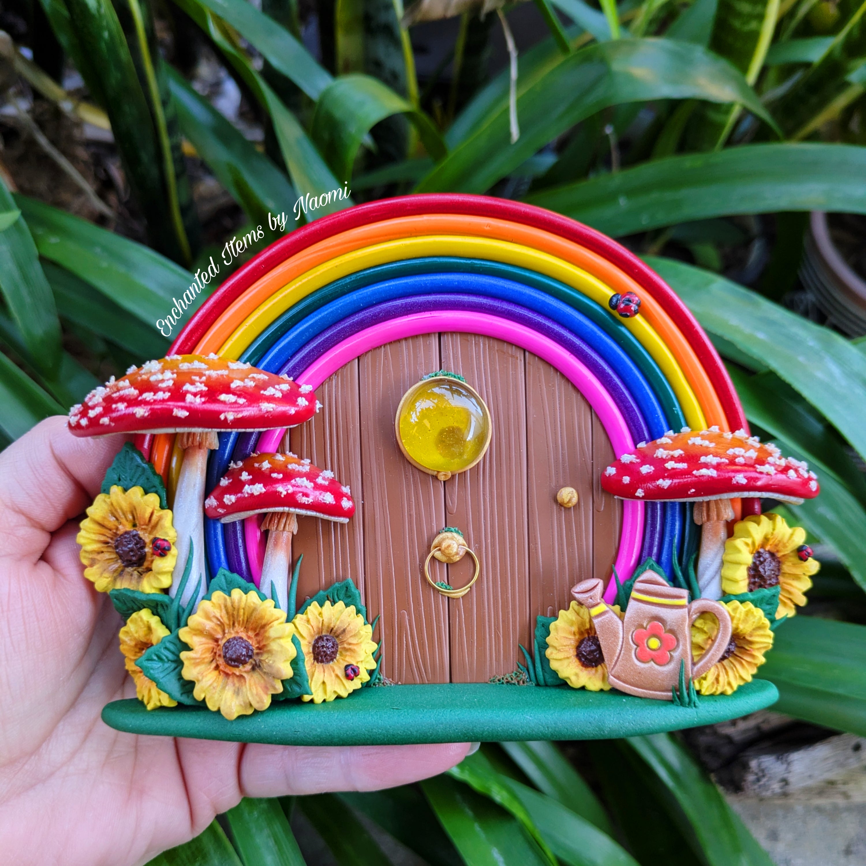 Hand-Sculpted Rainbow Fairy Doors with Sunflowers – Two Unique Designs