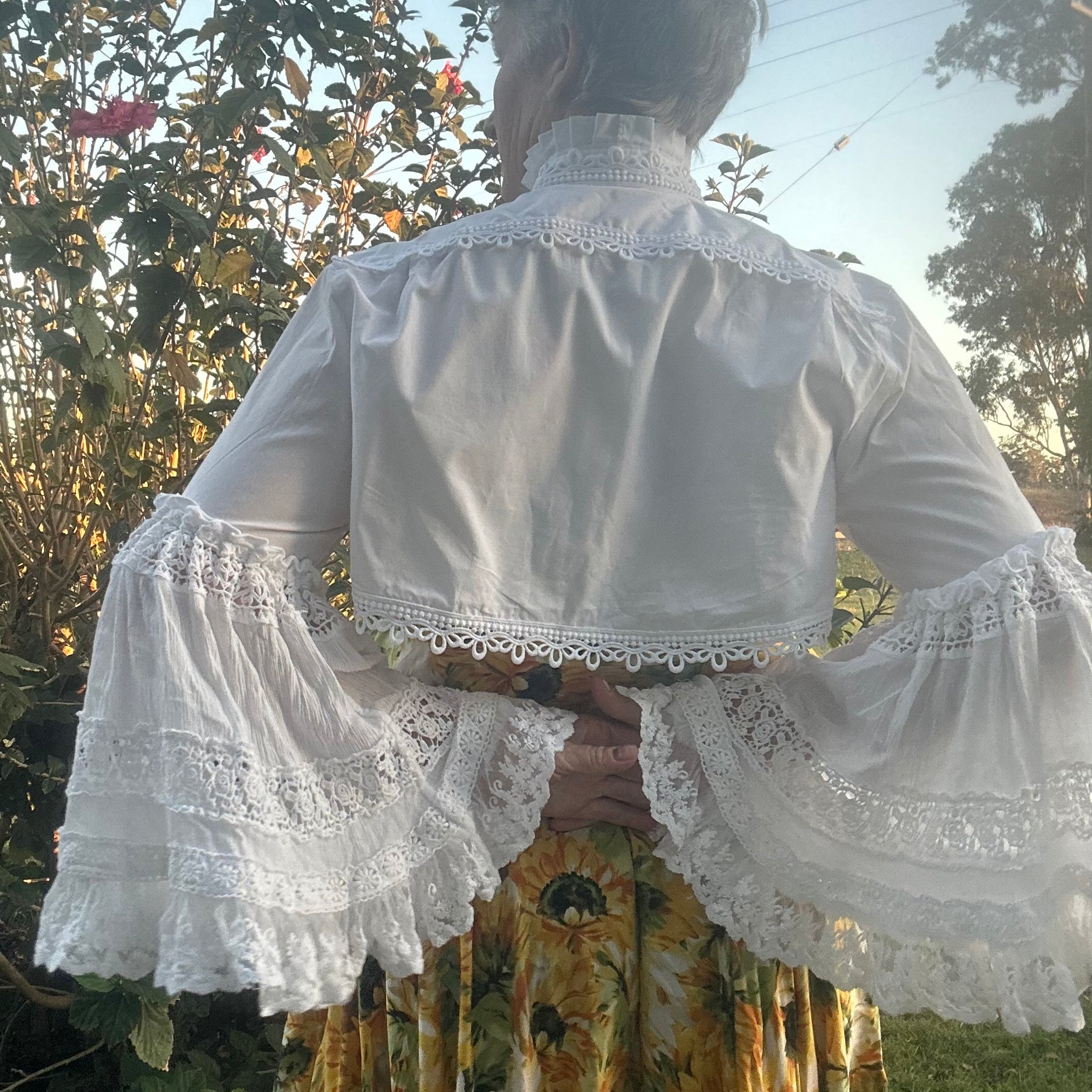Upcycled White Cotton Bolero Layered Lace Sleeves