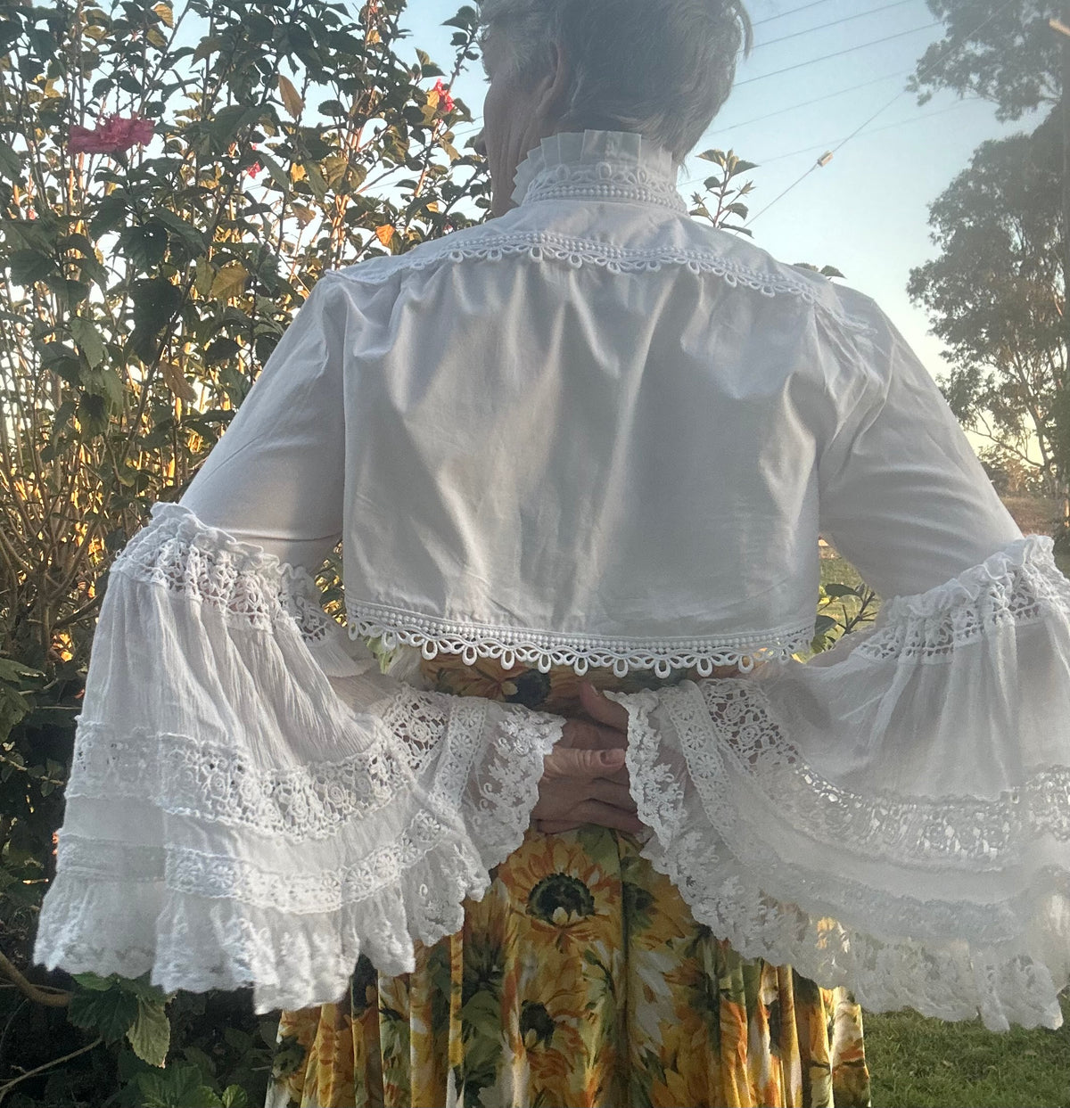 Upcycled White Cotton Bolero Layered Lace Sleeves